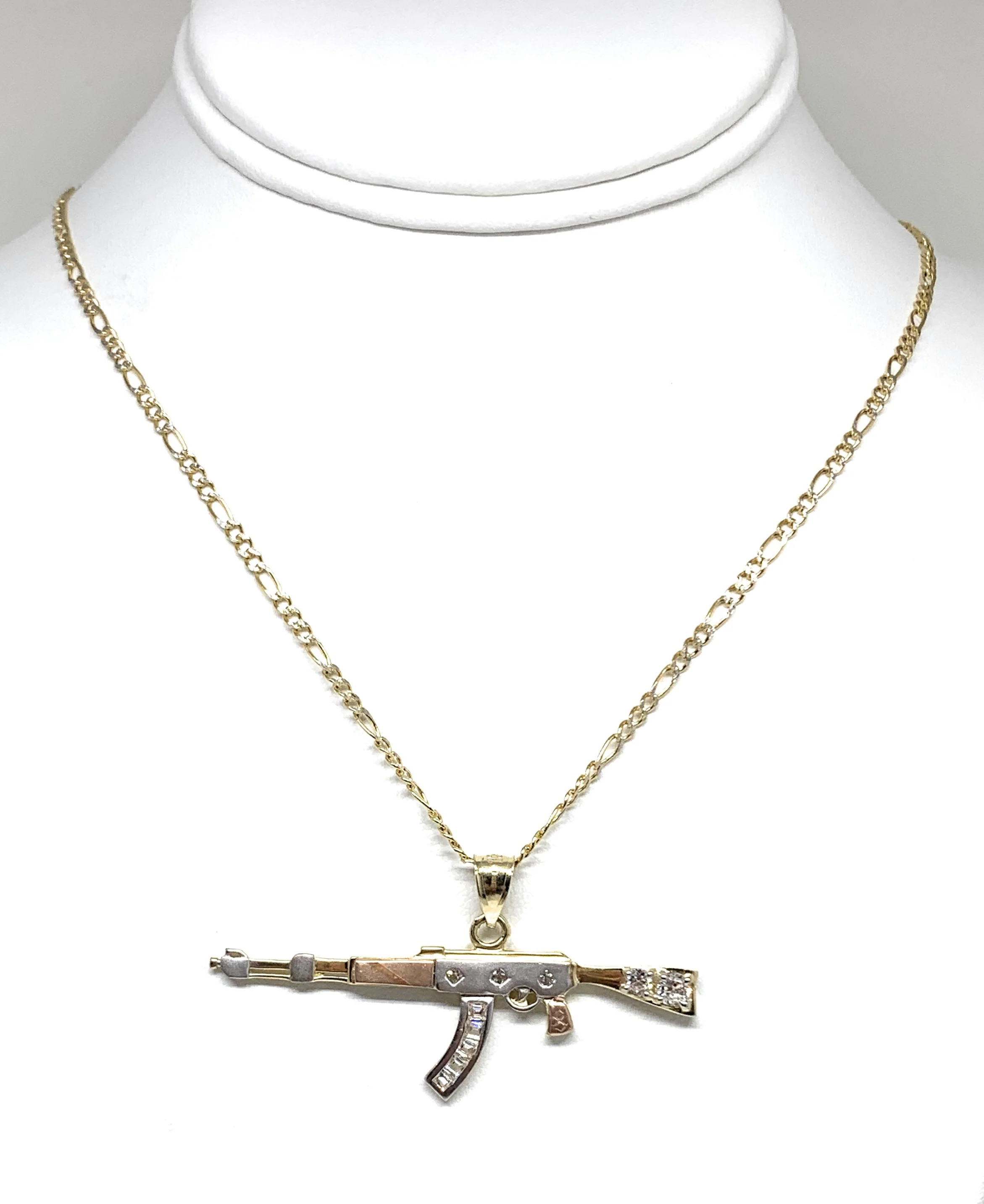 10k Solid Gold Tri-Color CZ Machine Gun AK-47 Pendant Necklace - Image 4