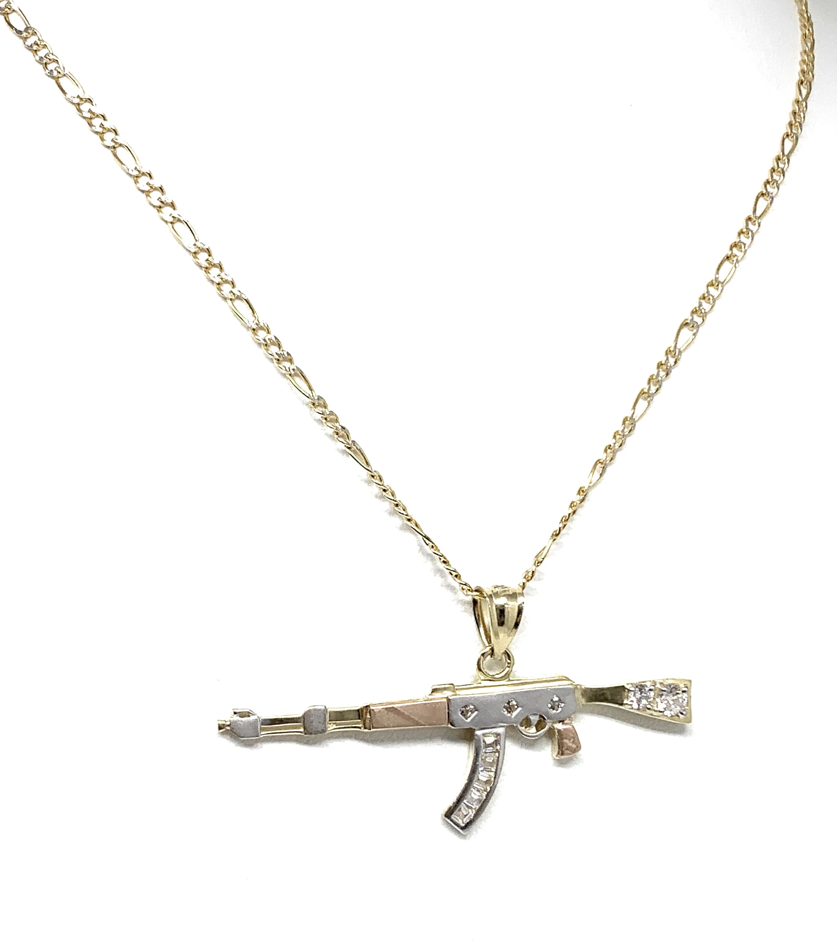 10k Solid Gold Tri-Color CZ Machine Gun AK-47 Pendant Necklace - Image 5