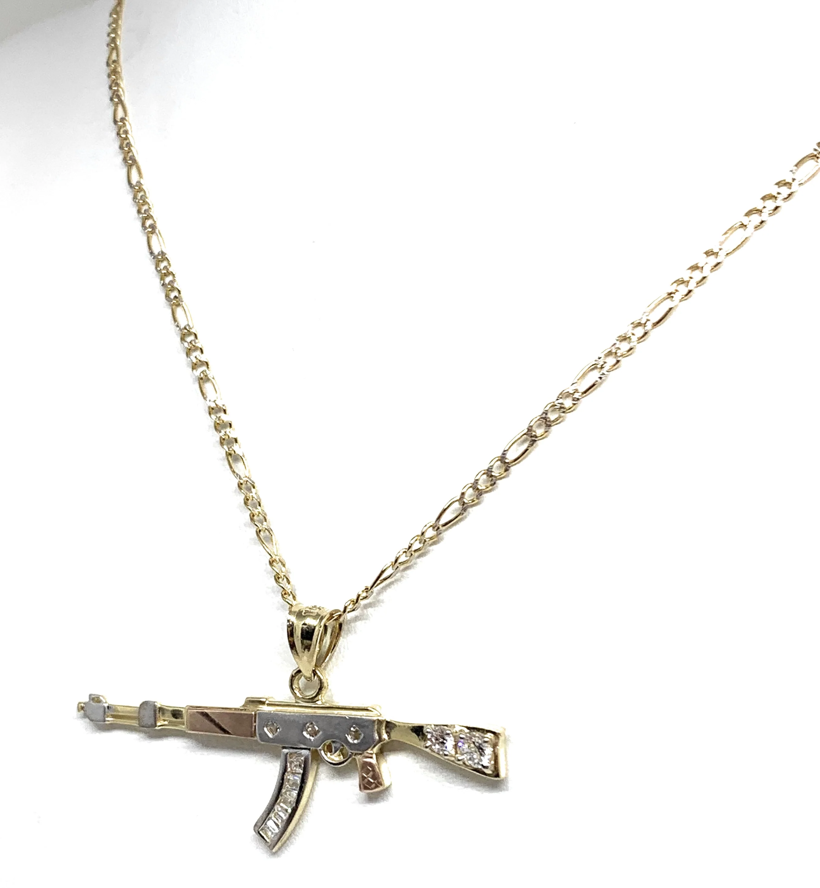 10k Solid Gold Tri-Color CZ Machine Gun AK-47 Pendant Necklace - Image 6
