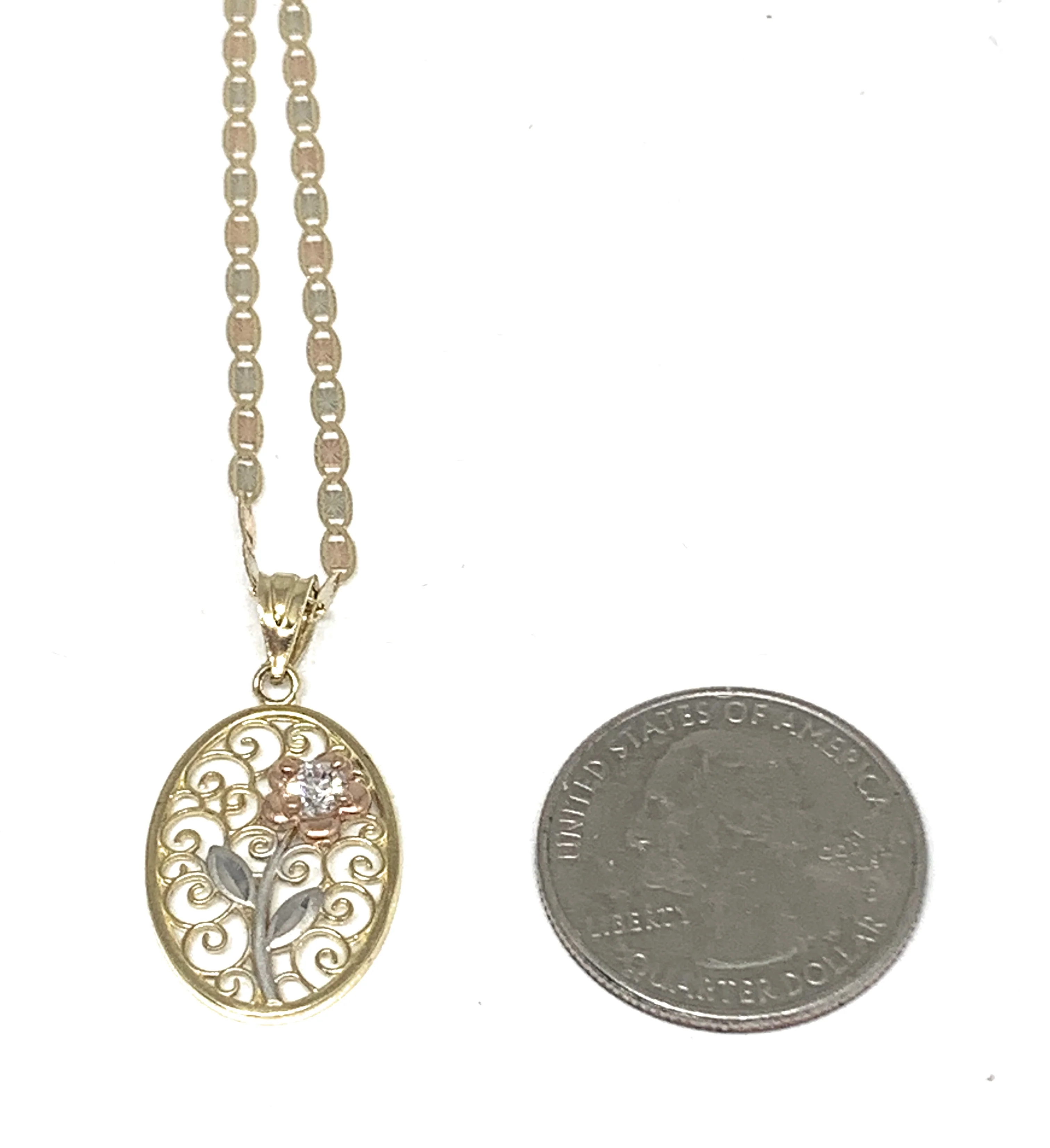 10k Solid Gold Tri-Color Flower CZ Filigran Pendant Necklace - Image 2