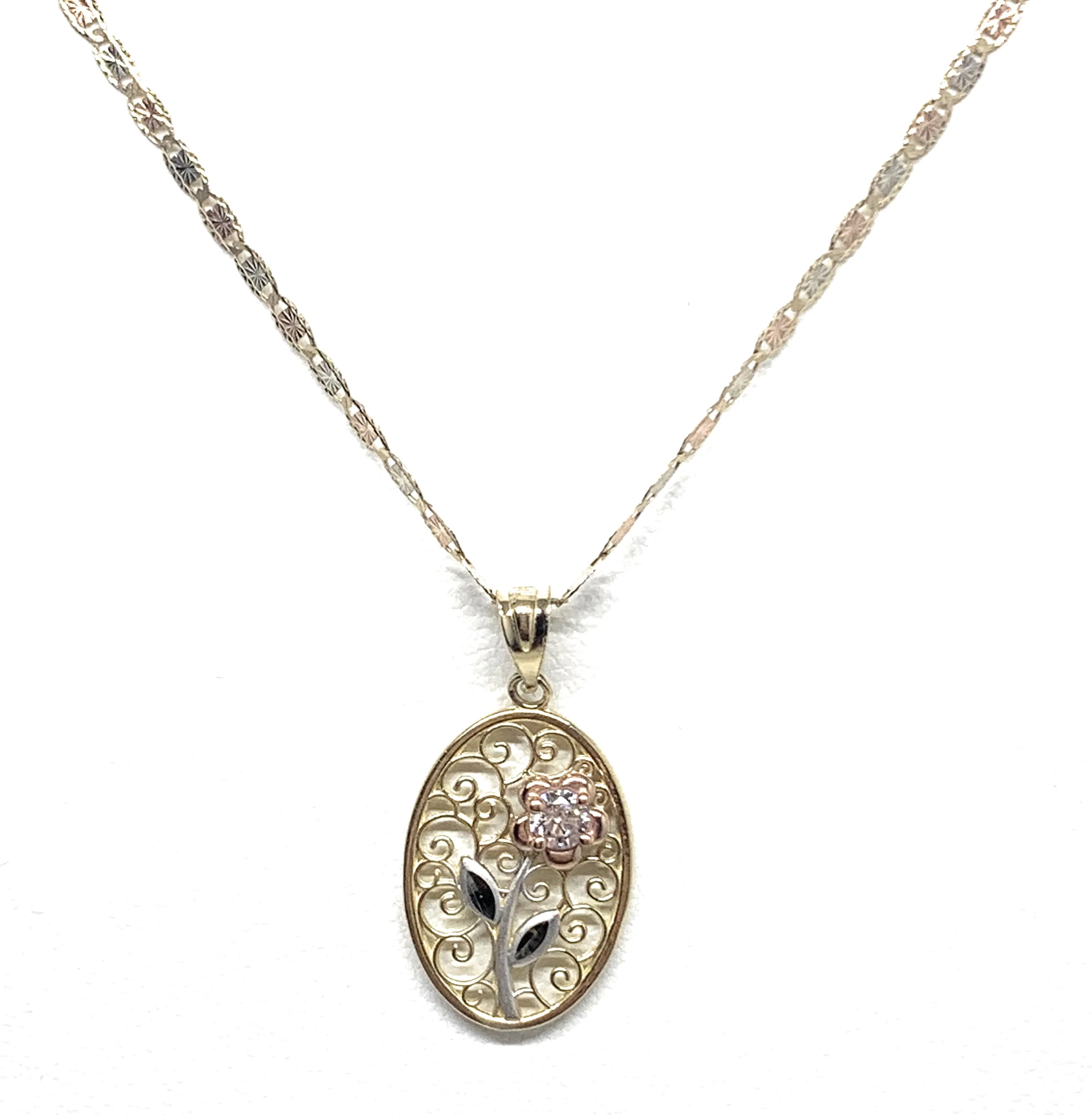 10k Solid Gold Tri-Color Flower CZ Filigran Pendant Necklace - Image 3