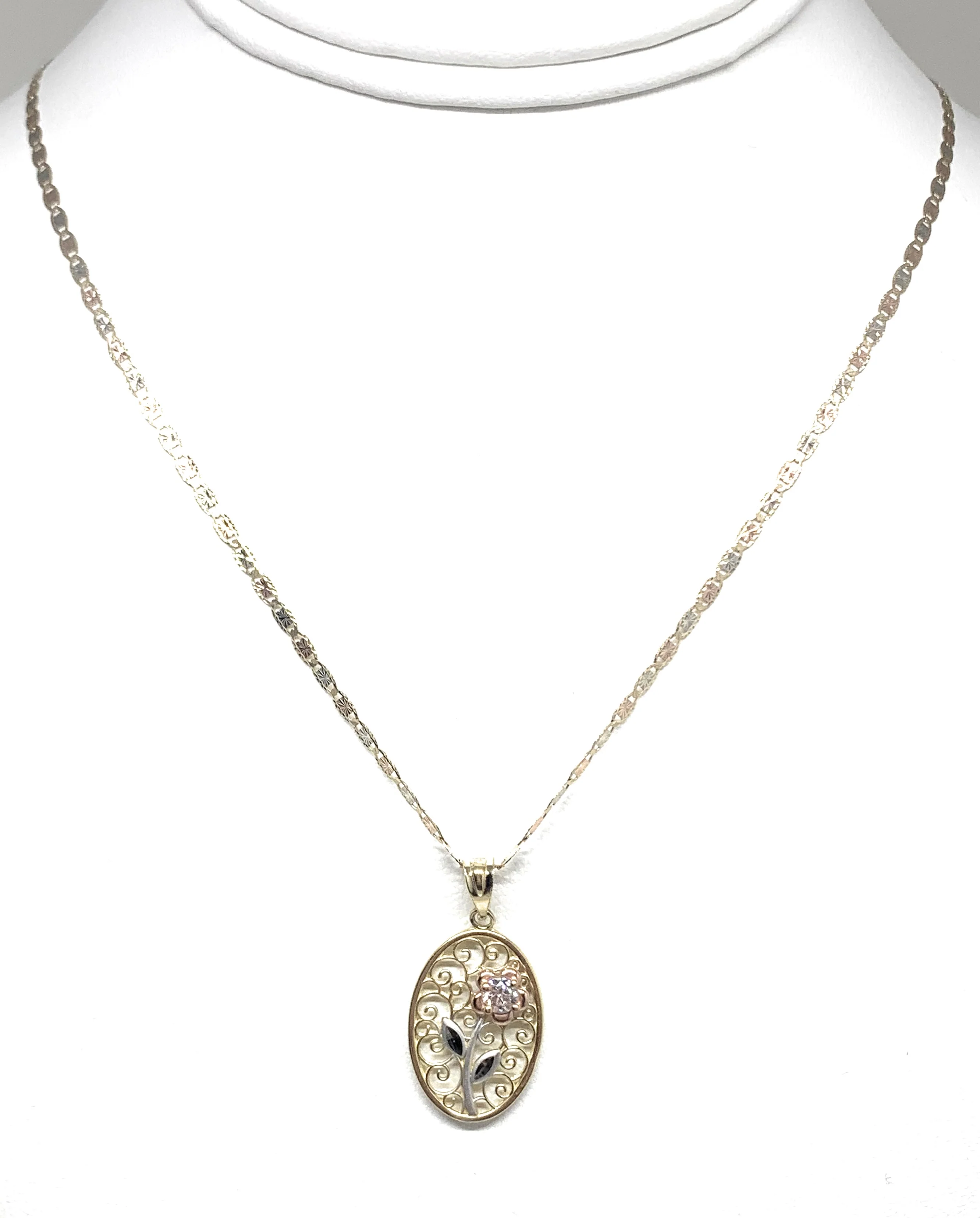 10k Solid Gold Tri-Color Flower CZ Filigran Pendant Necklace - Image 4