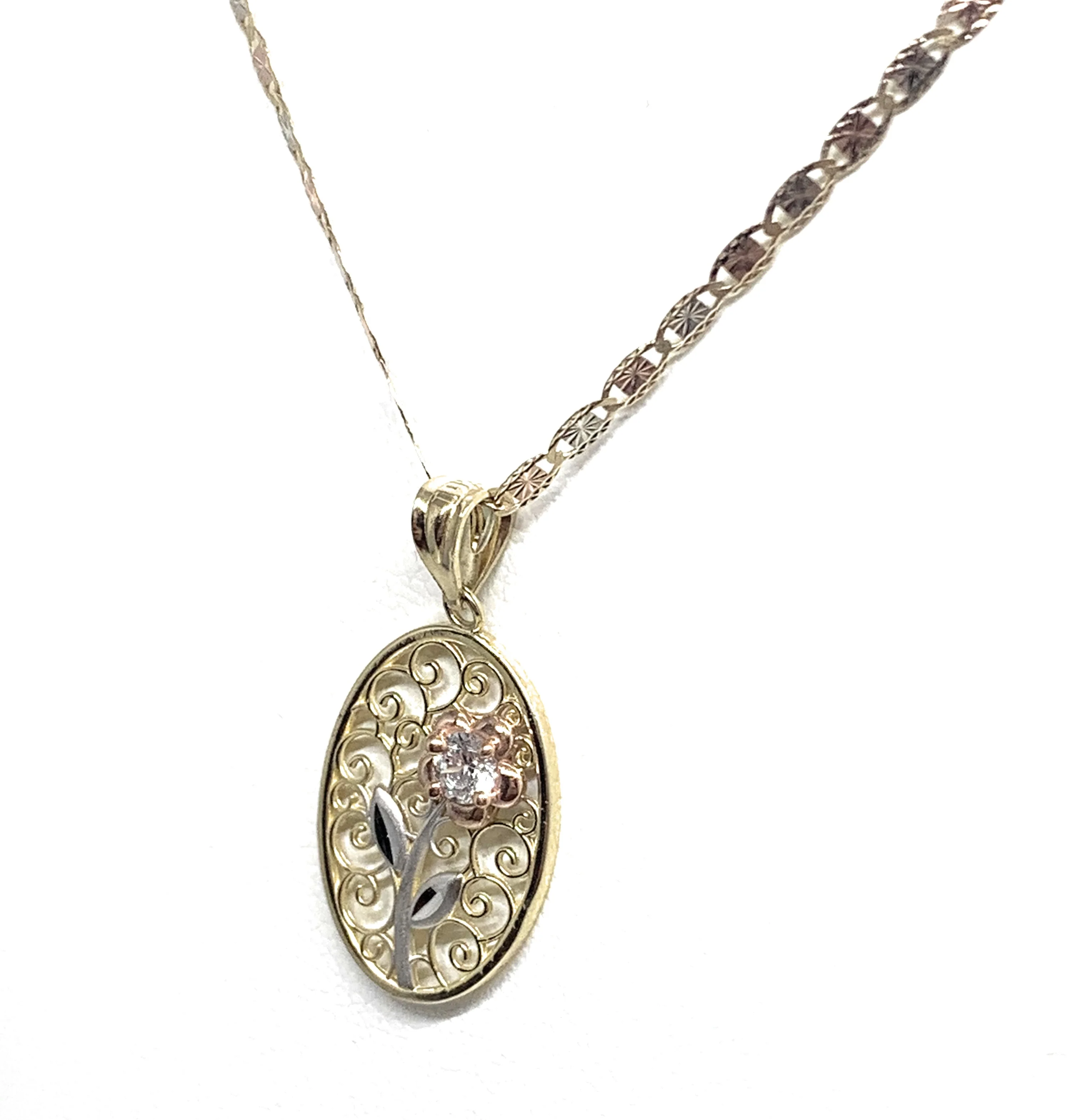 10k Solid Gold Tri-Color Flower CZ Filigran Pendant Necklace - Image 5