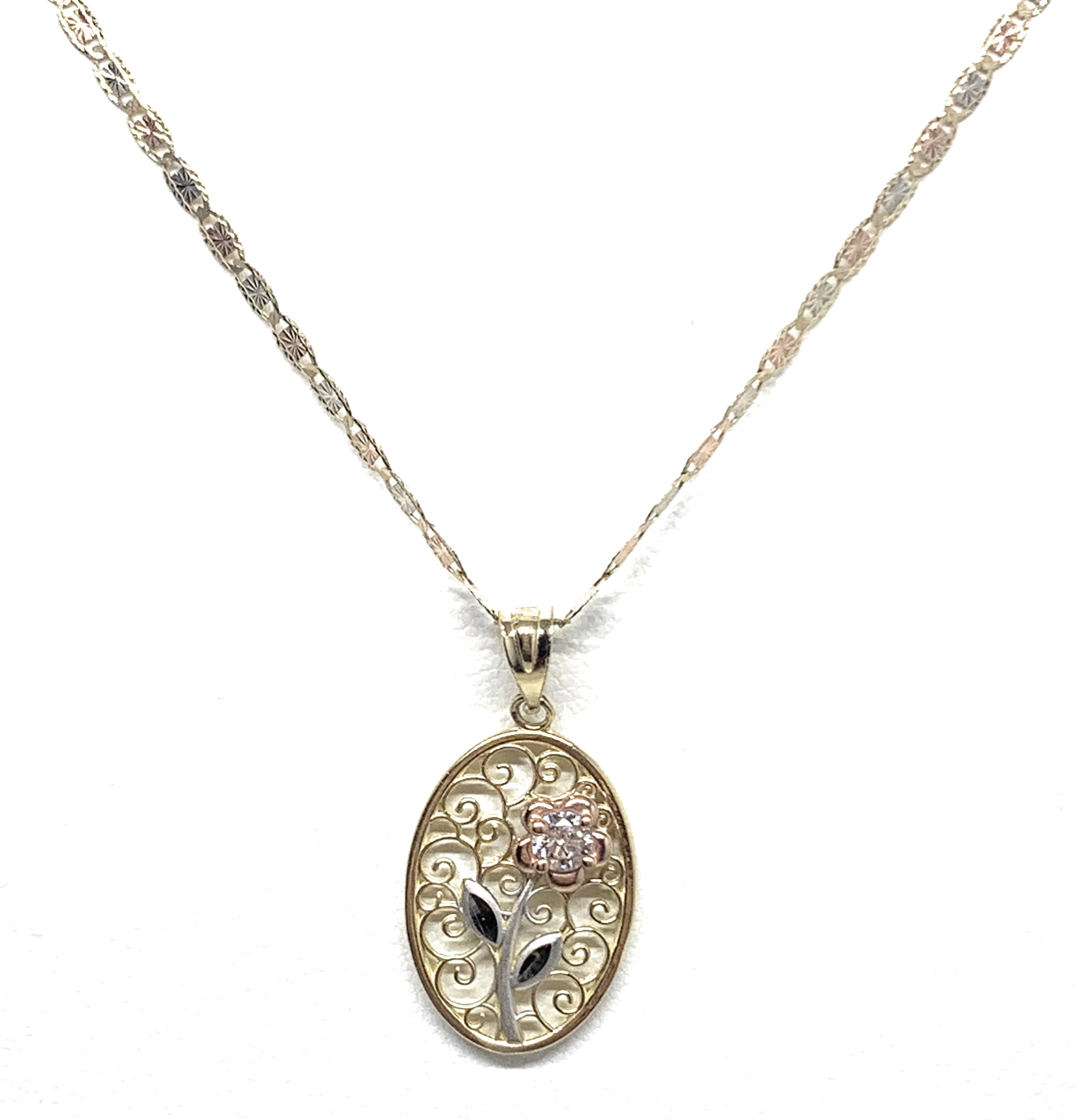 10k Solid Gold Tri-Color Flower CZ Filigran Pendant Necklace - Image 6