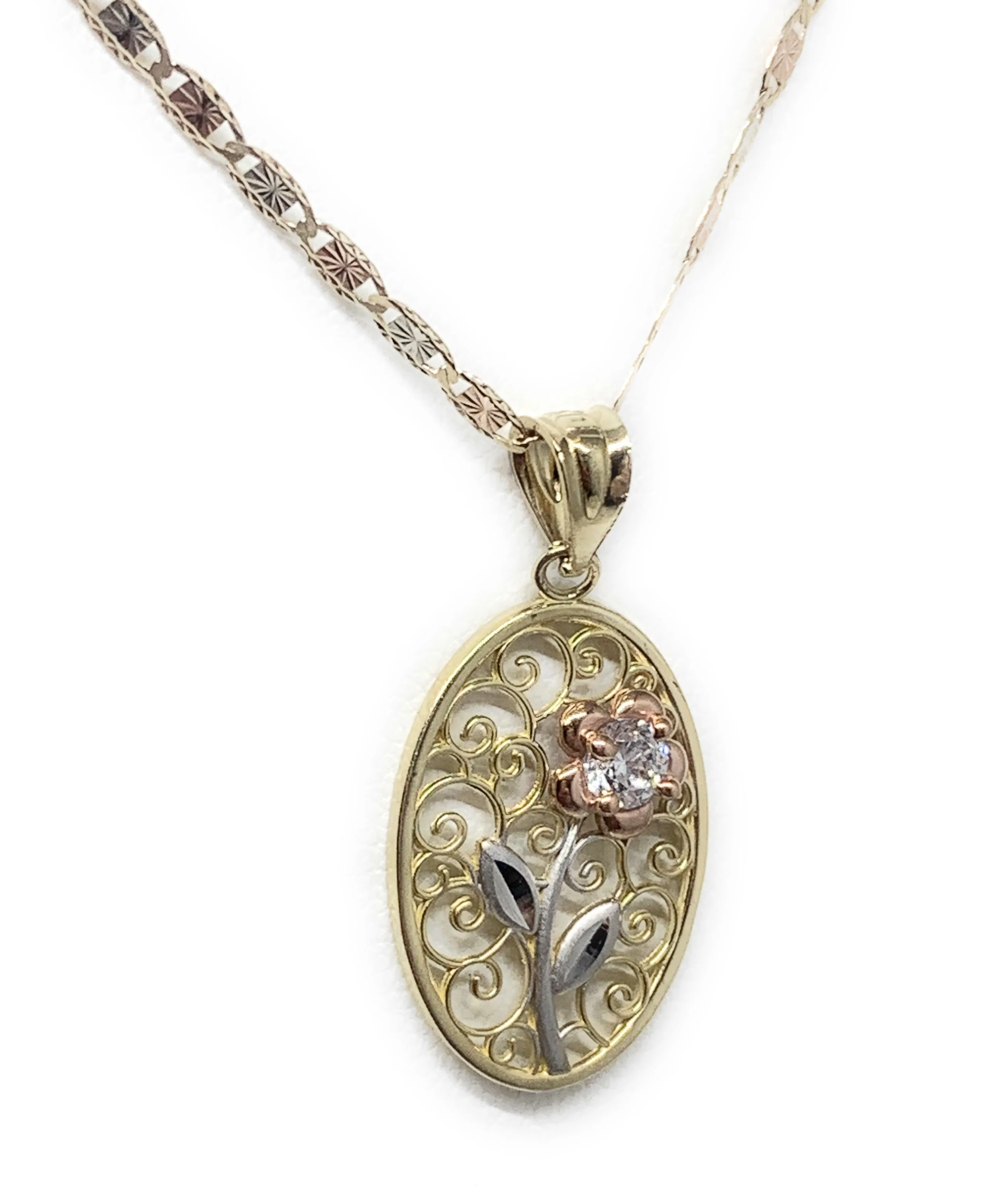 10k Solid Gold Tri-Color Flower CZ Filigran Pendant Necklace - Image 7