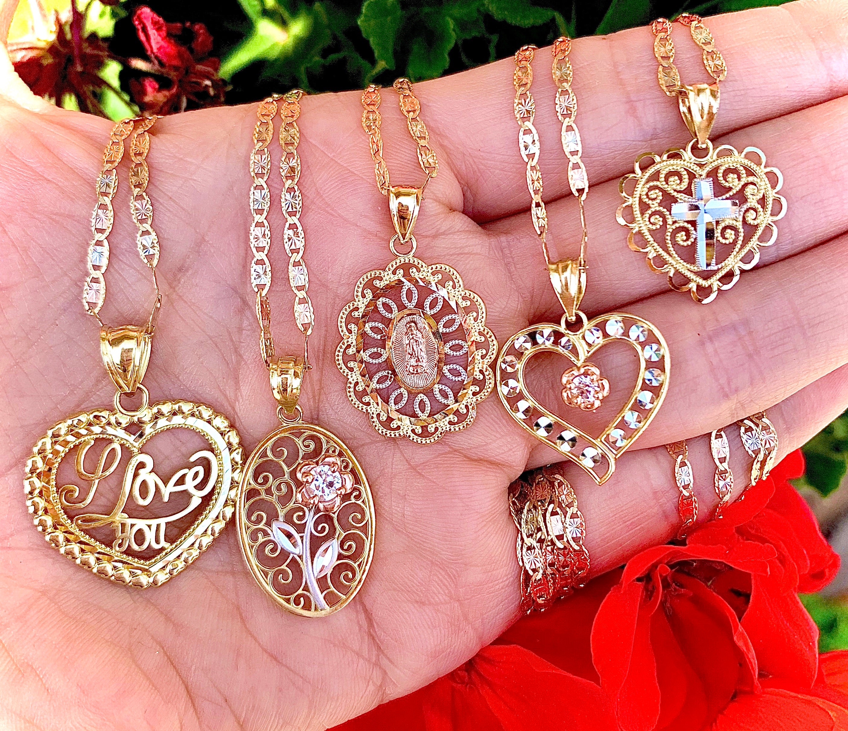 10k Solid Gold Tri-Color Flower CZ Filigran Pendant Necklace - Image 8