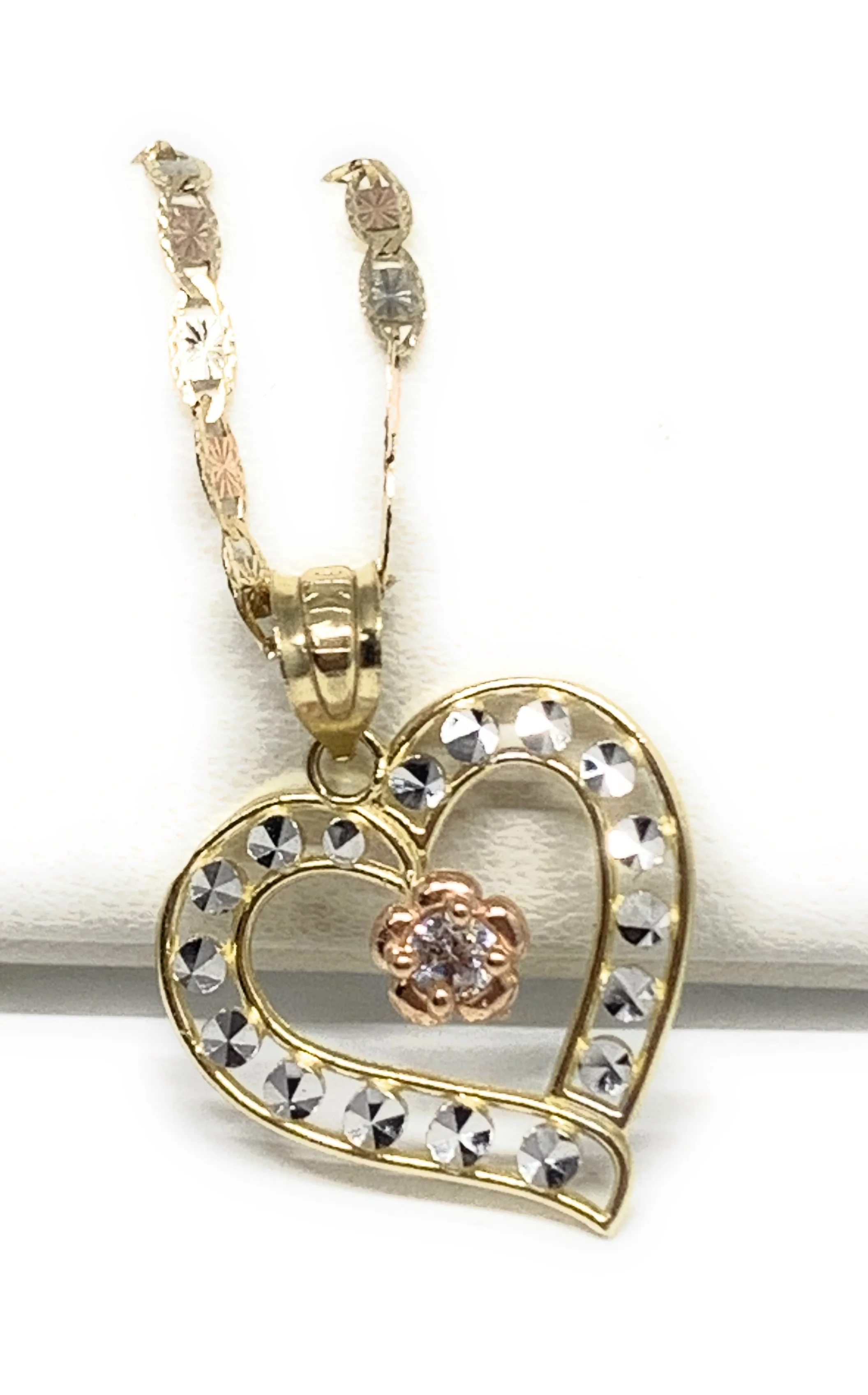 10k Solid Gold Tri-Color Flower CZ Heart Pendant Necklace - Image 2