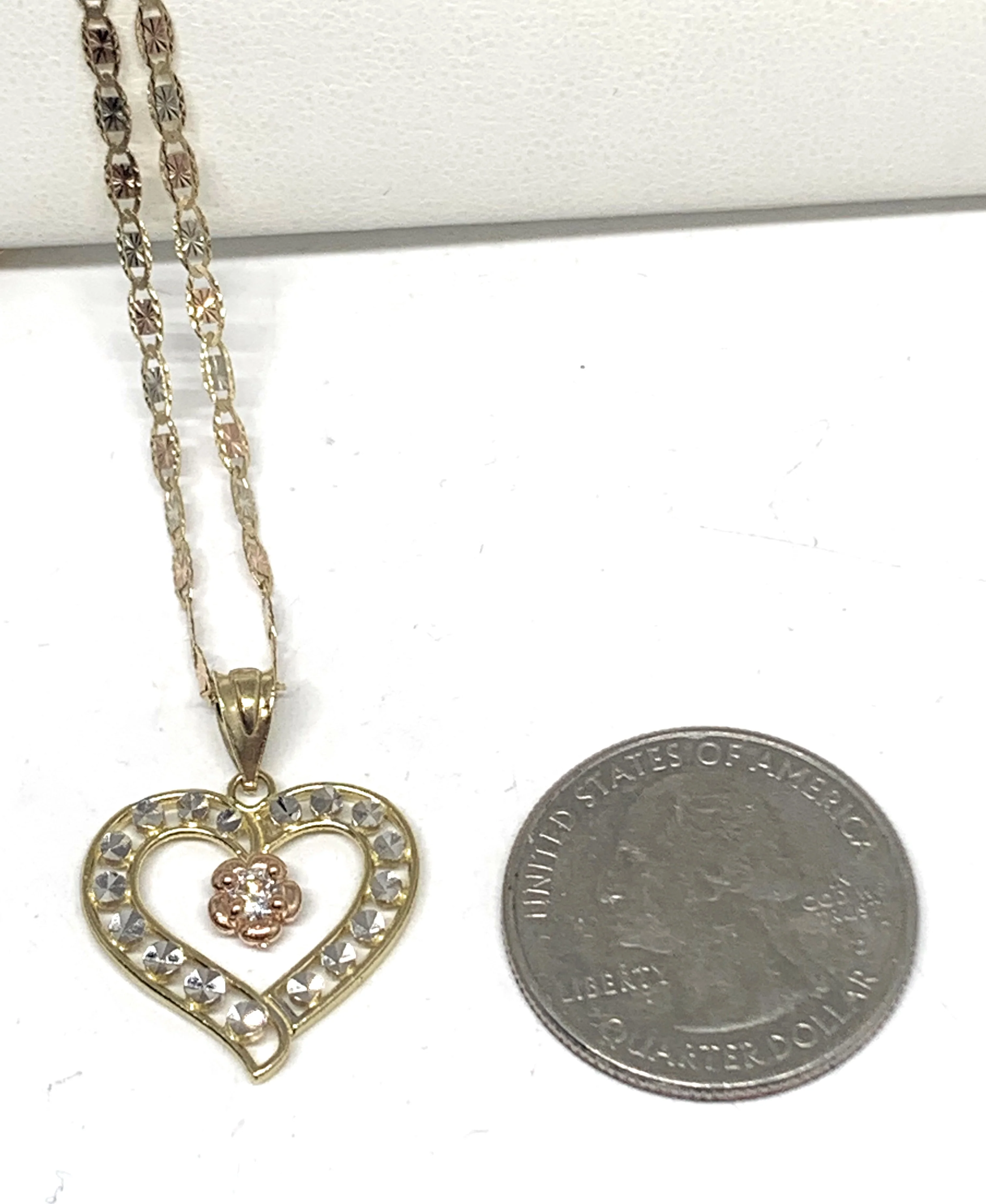 10k Solid Gold Tri-Color Flower CZ Heart Pendant Necklace - Image 3