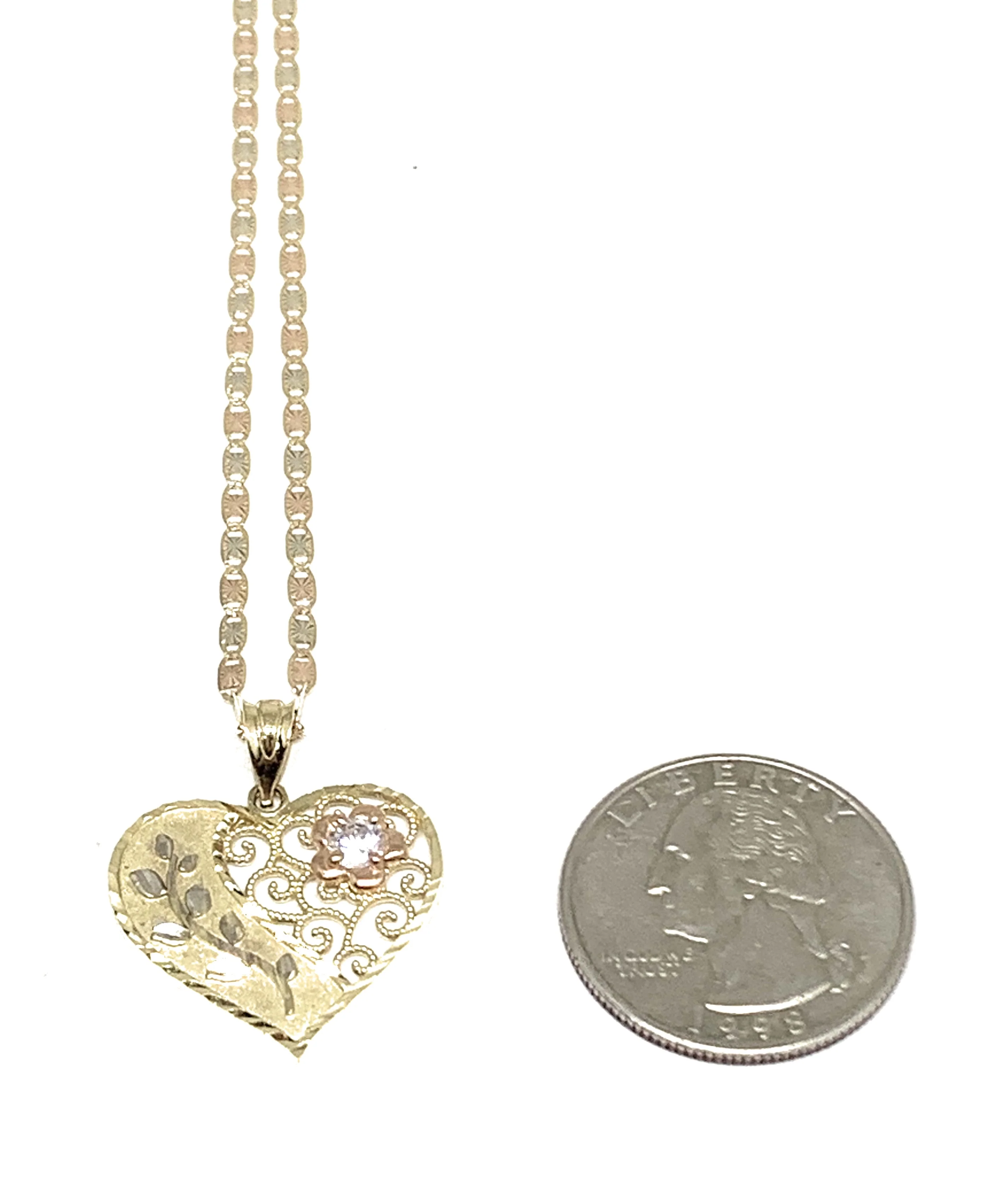 10k Solid Gold Tri-Color Flower CZ Heart Pendant Necklace Chain - Image 2