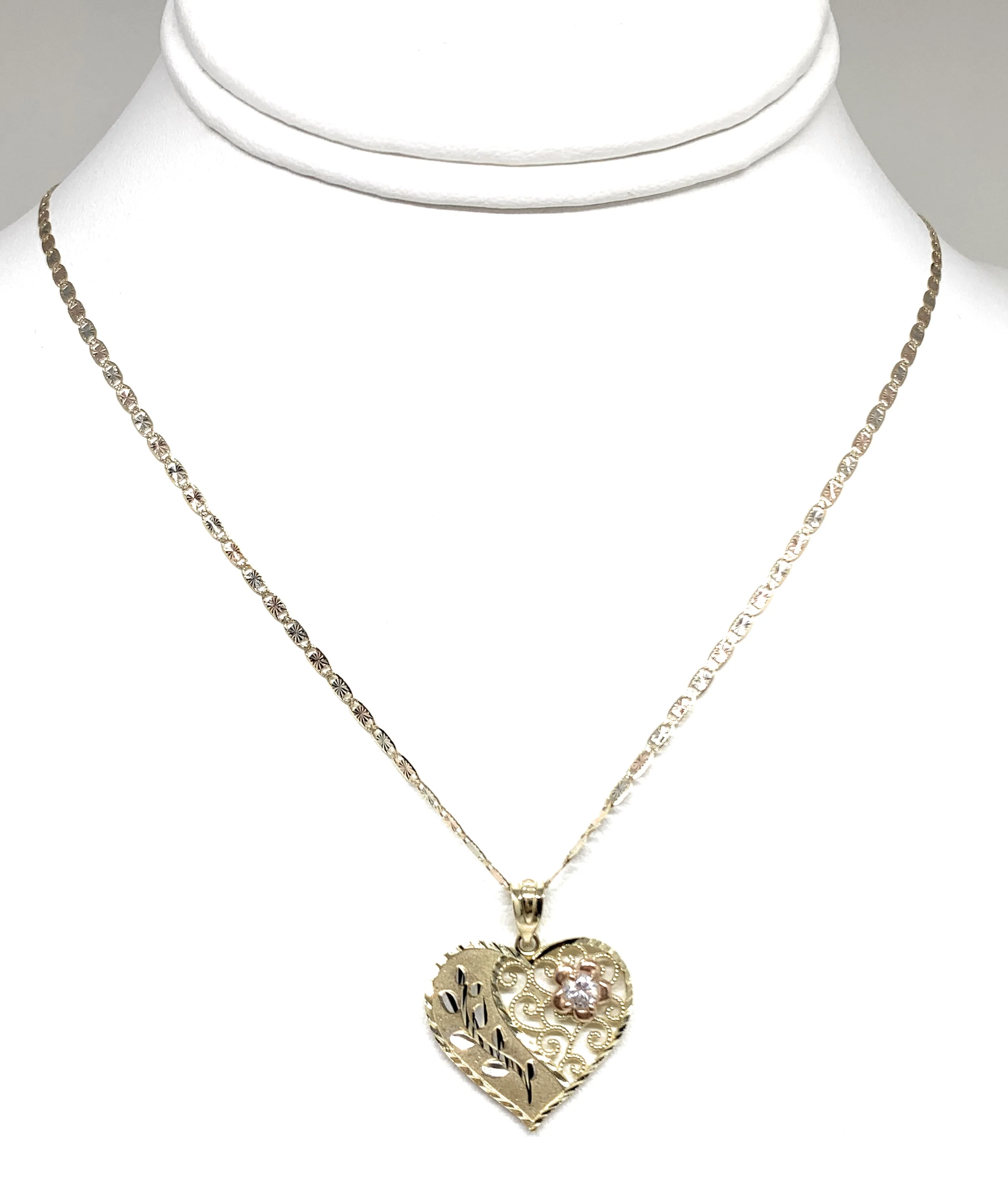 10k Solid Gold Tri-Color Flower CZ Heart Pendant Necklace Chain - Image 4