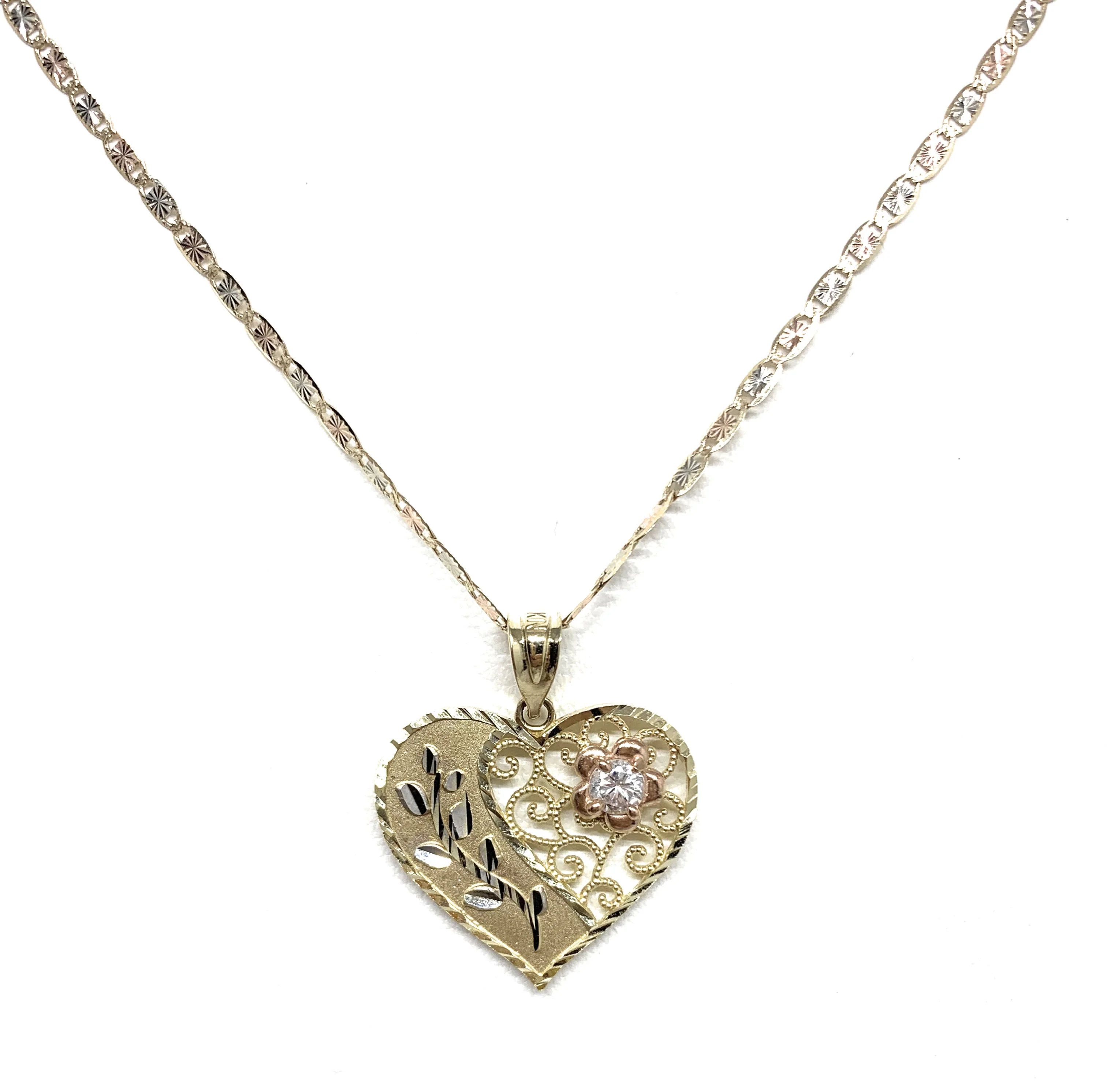 10k Solid Gold Tri-Color Flower CZ Heart Pendant Necklace Chain - Image 5