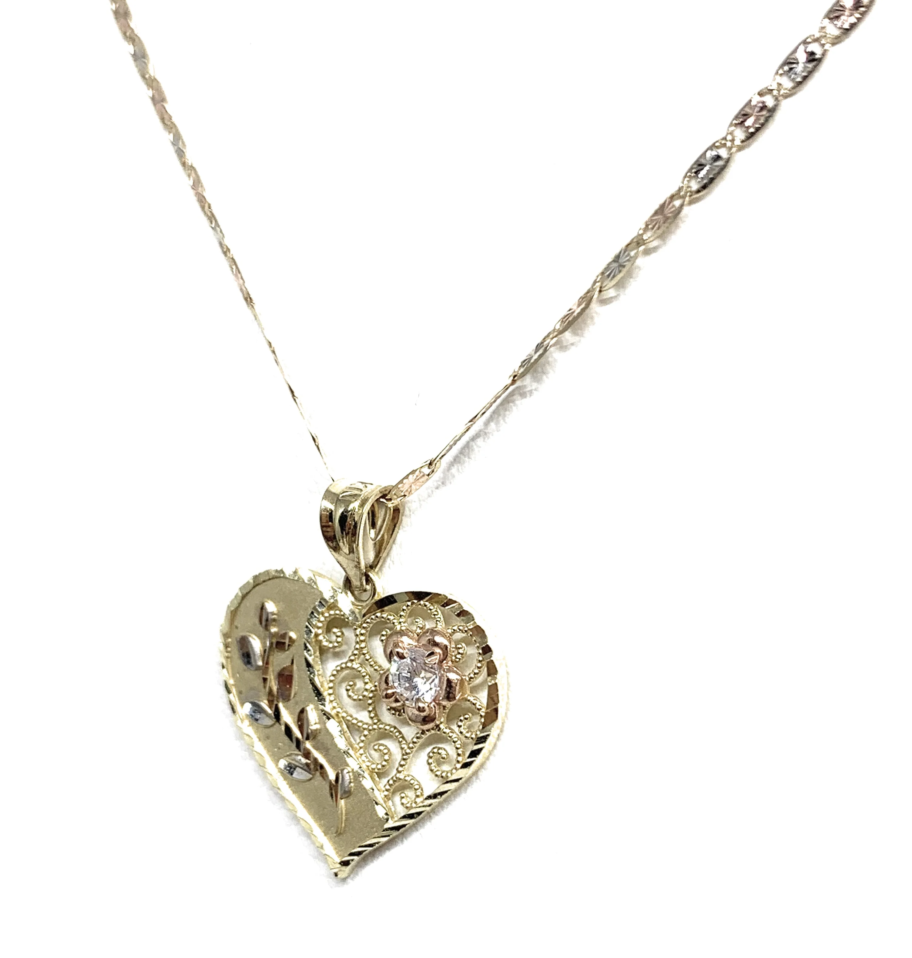 10k Solid Gold Tri-Color Flower CZ Heart Pendant Necklace Chain - Image 6