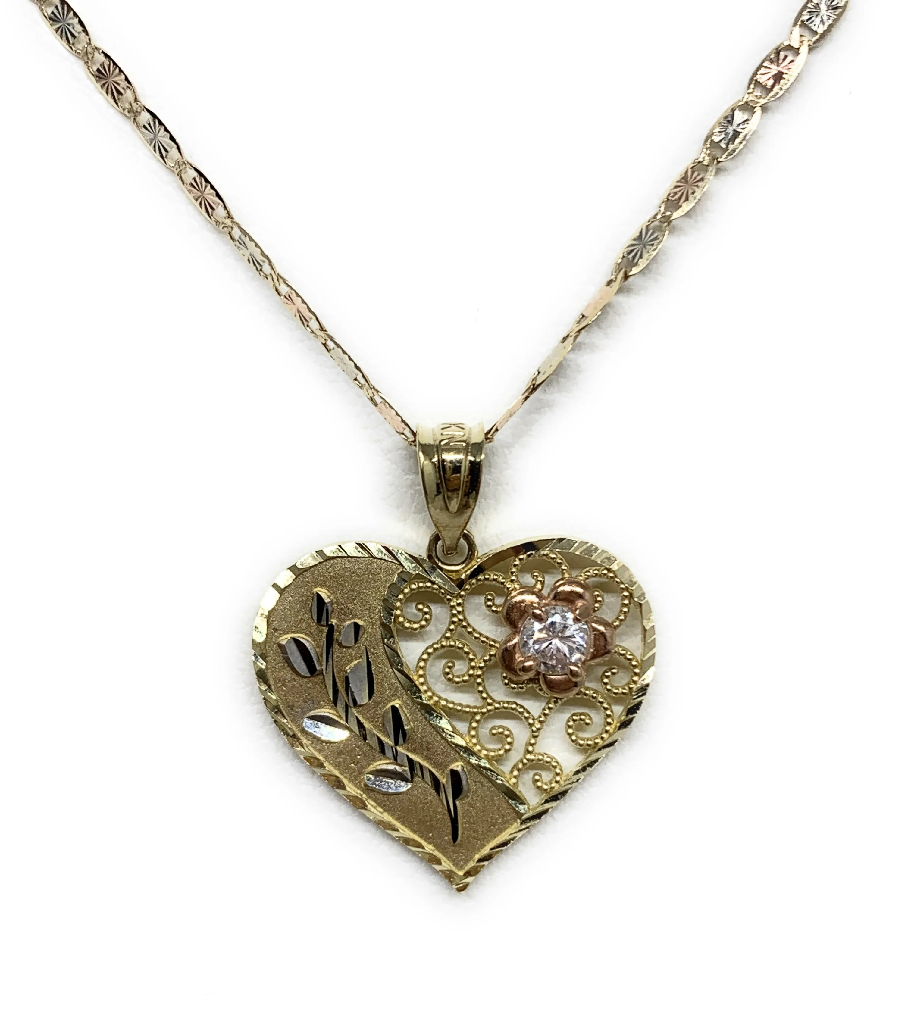 10k Solid Gold Tri-Color Flower CZ Heart Pendant Necklace Chain - Image 7