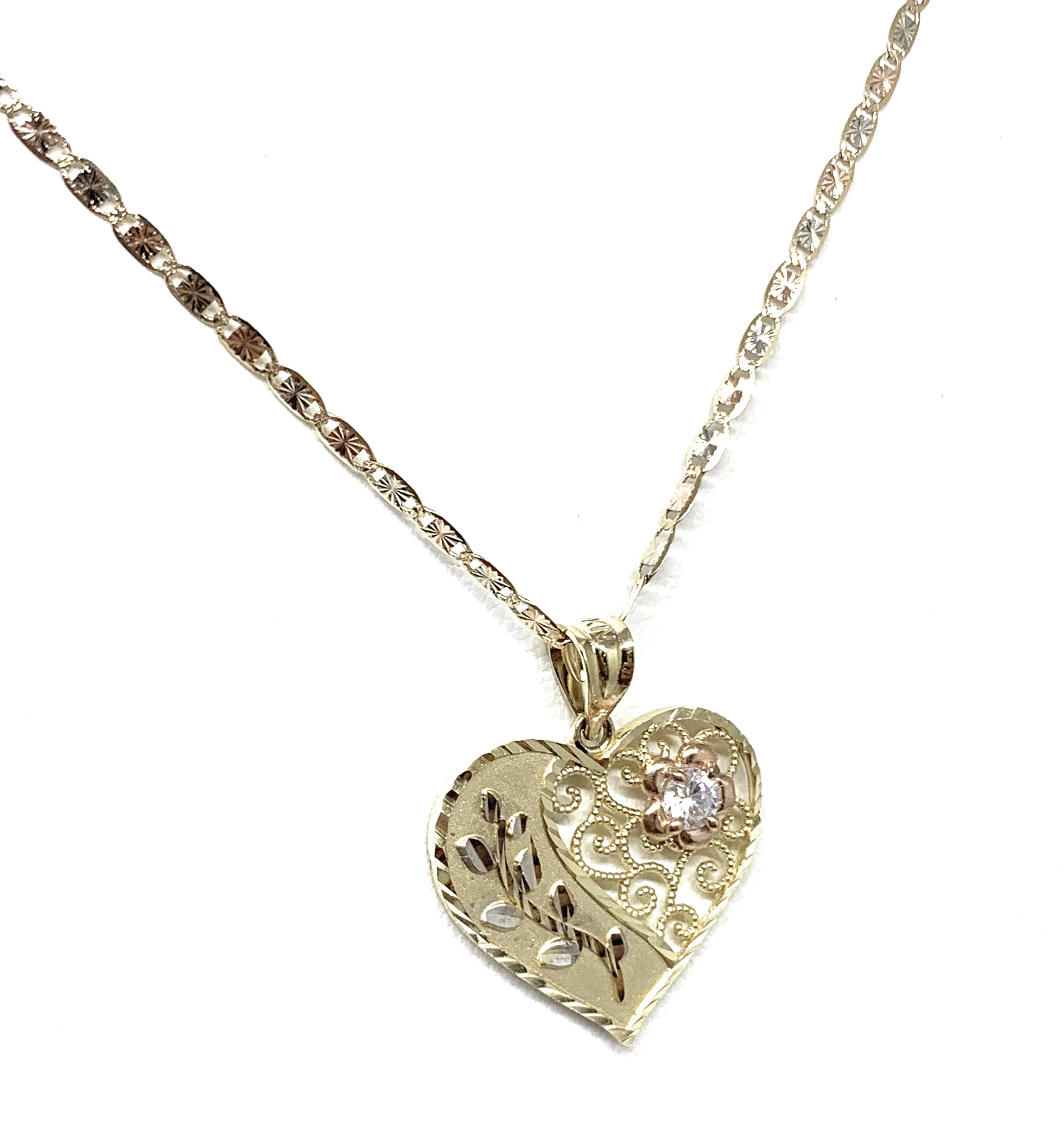 10k Solid Gold Tri-Color Flower CZ Heart Pendant Necklace Chain - Image 8