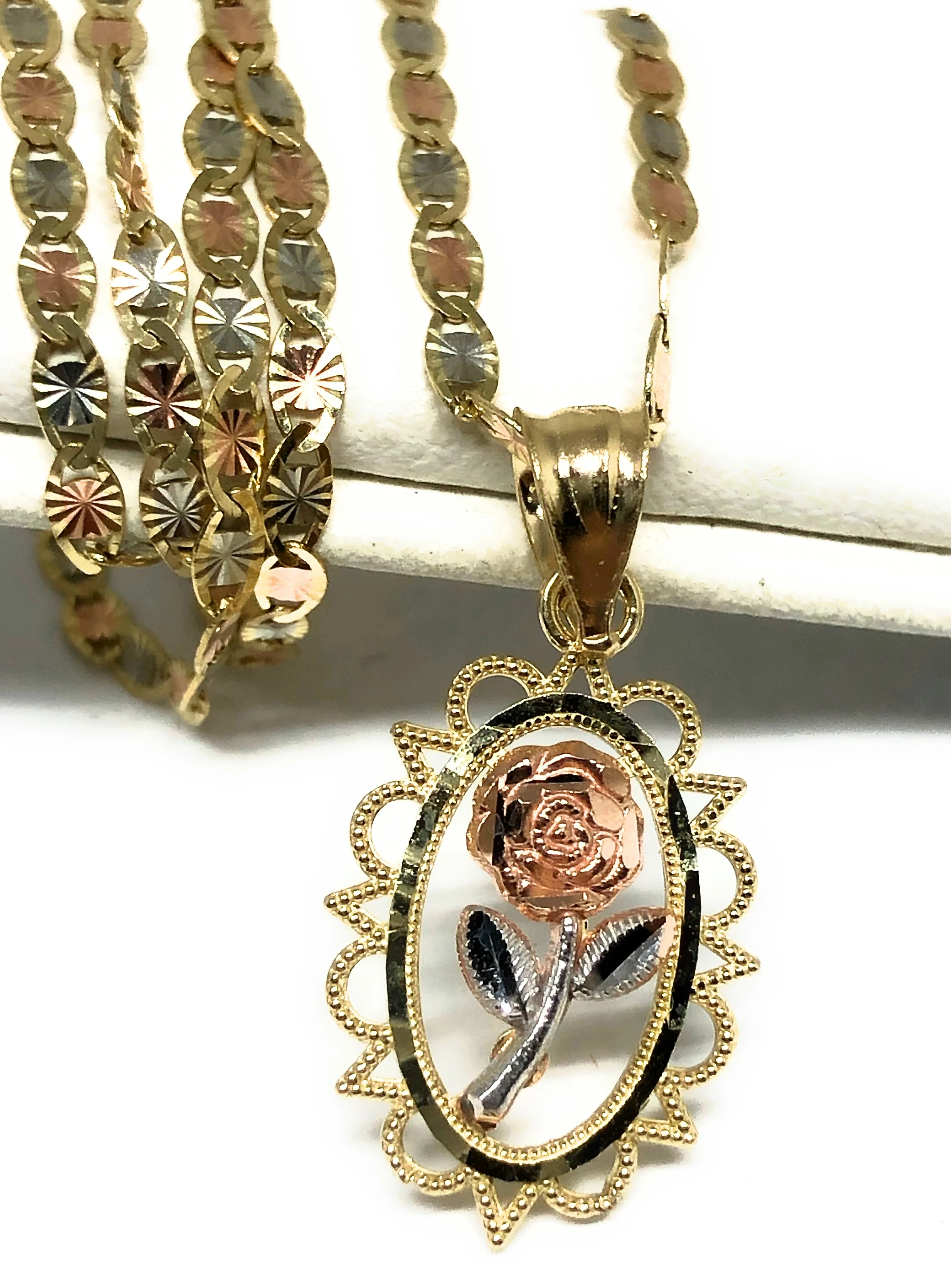 10k Solid Gold Tri-Color Flower Pendant Necklace Tri-Color Valentina Chain