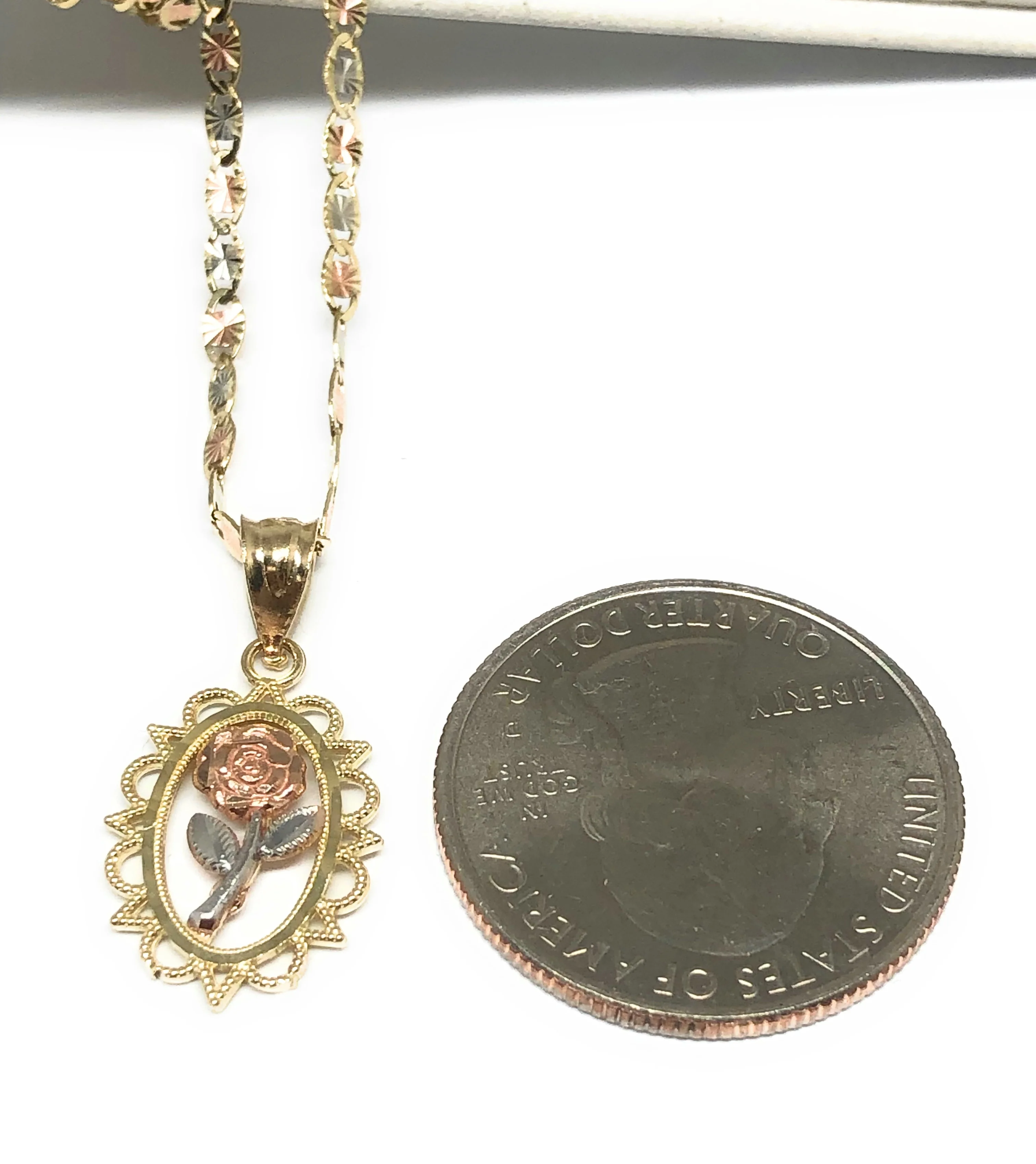 10k Solid Gold Tri-Color Flower Pendant Necklace Tri-Color Valentina Chain - Image 2