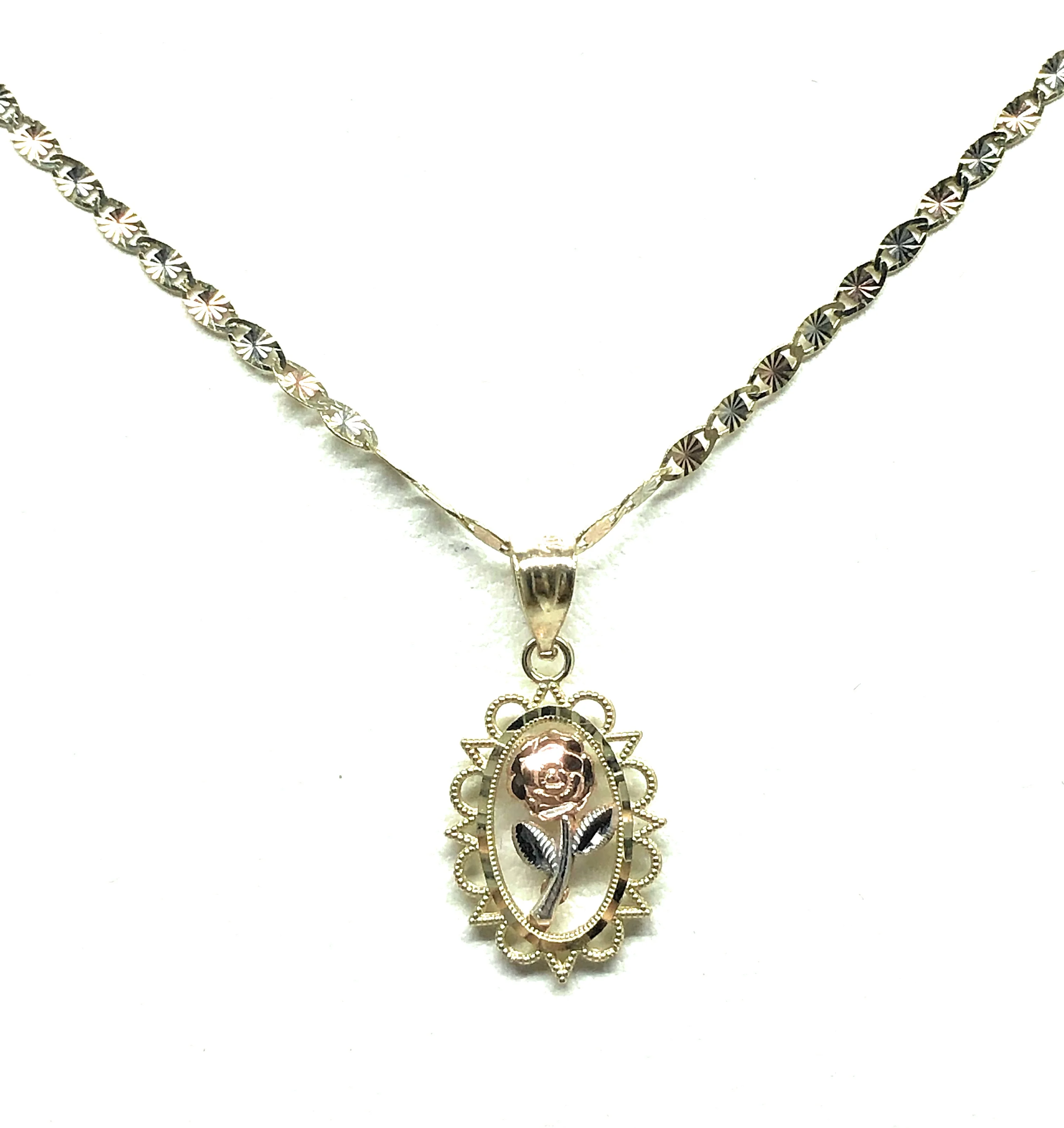 10k Solid Gold Tri-Color Flower Pendant Necklace Tri-Color Valentina Chain - Image 4