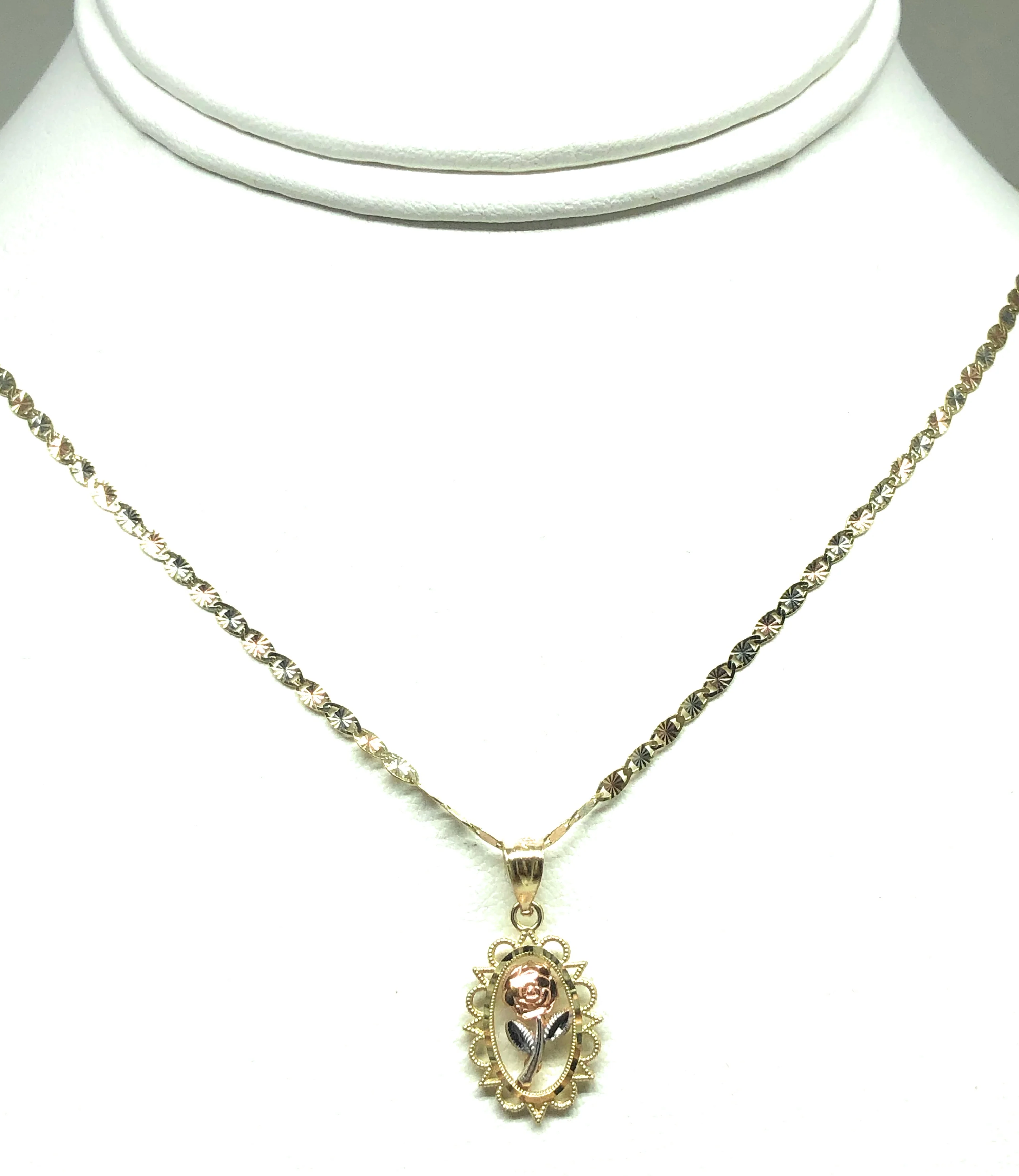 10k Solid Gold Tri-Color Flower Pendant Necklace Tri-Color Valentina Chain - Image 5