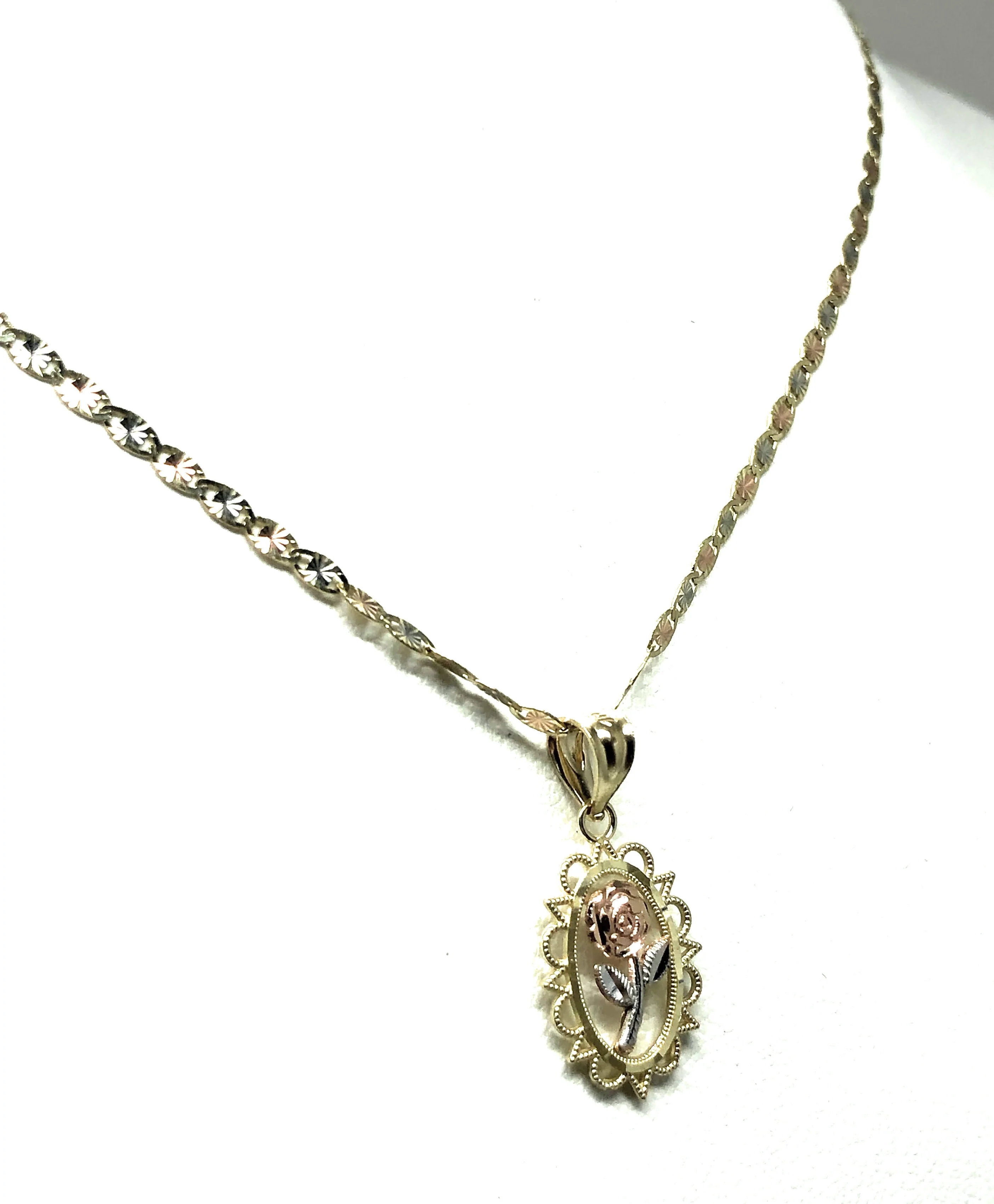 10k Solid Gold Tri-Color Flower Pendant Necklace Tri-Color Valentina Chain - Image 6