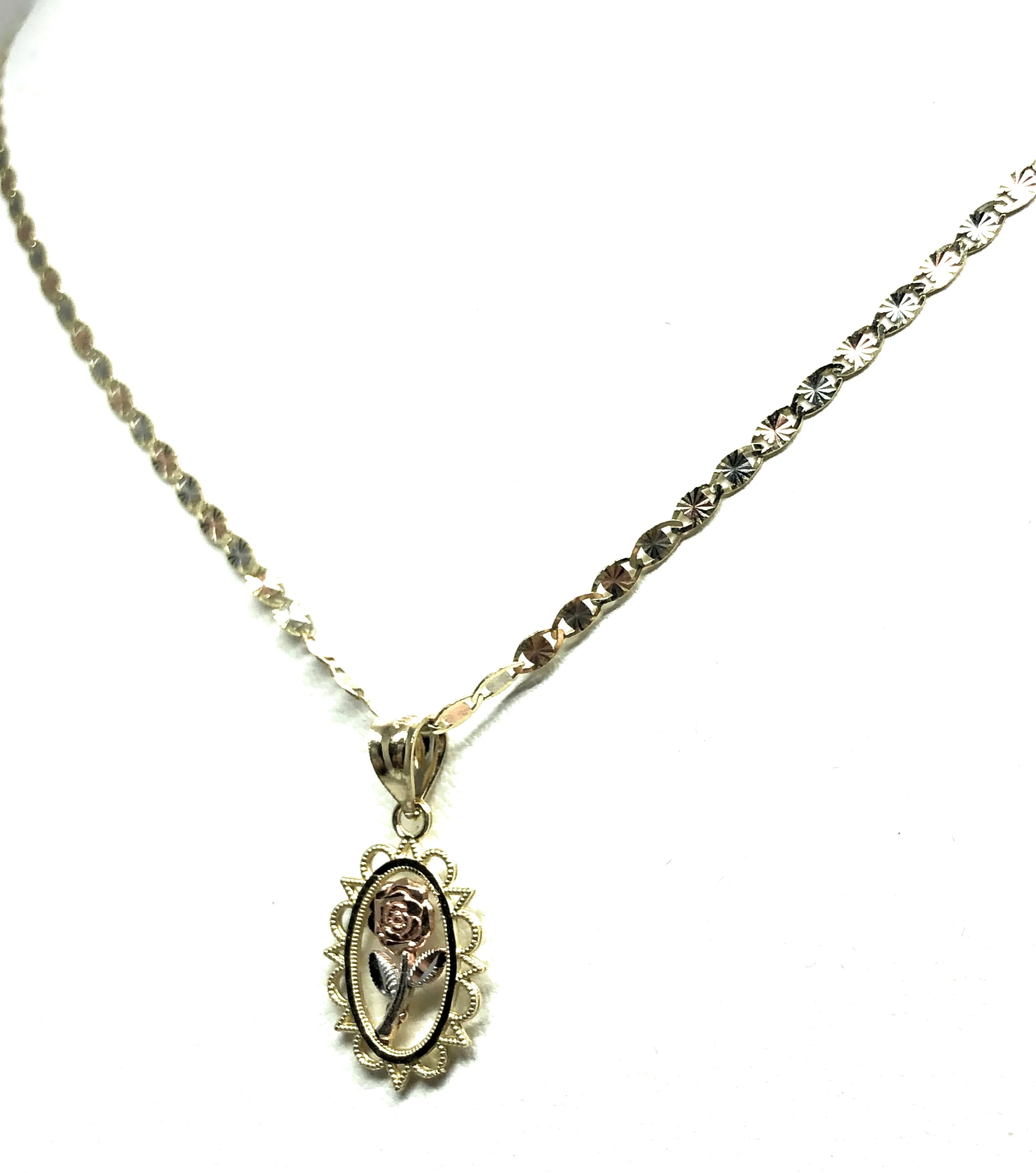 10k Solid Gold Tri-Color Flower Pendant Necklace Tri-Color Valentina Chain - Image 7