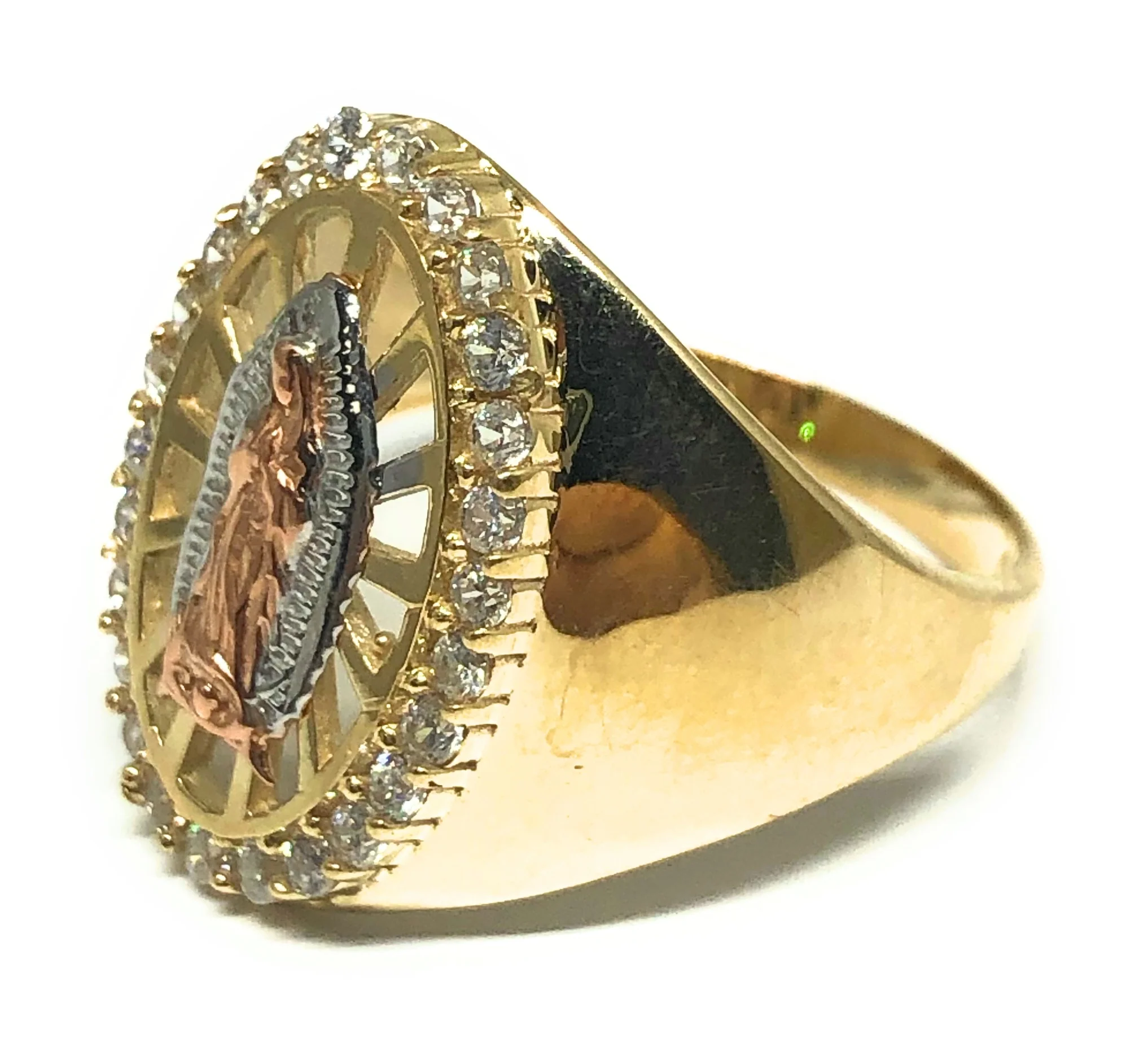 10k Solid Gold Tri-Color Gold Virrgin Mary CZ Ring - Image 2