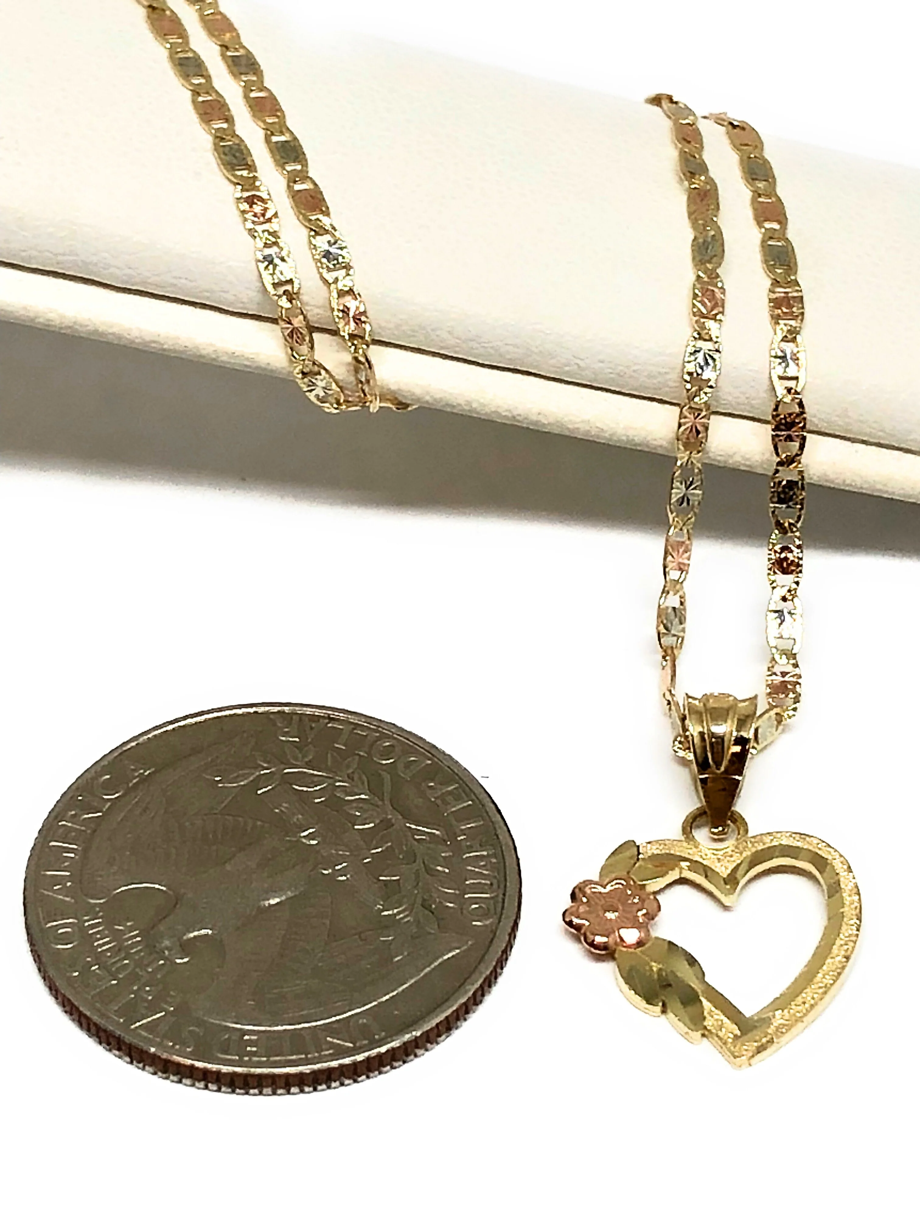10k Solid Gold Tri-Color Heart Pendant Necklace Tri-Color Valentina Chain - Image 4
