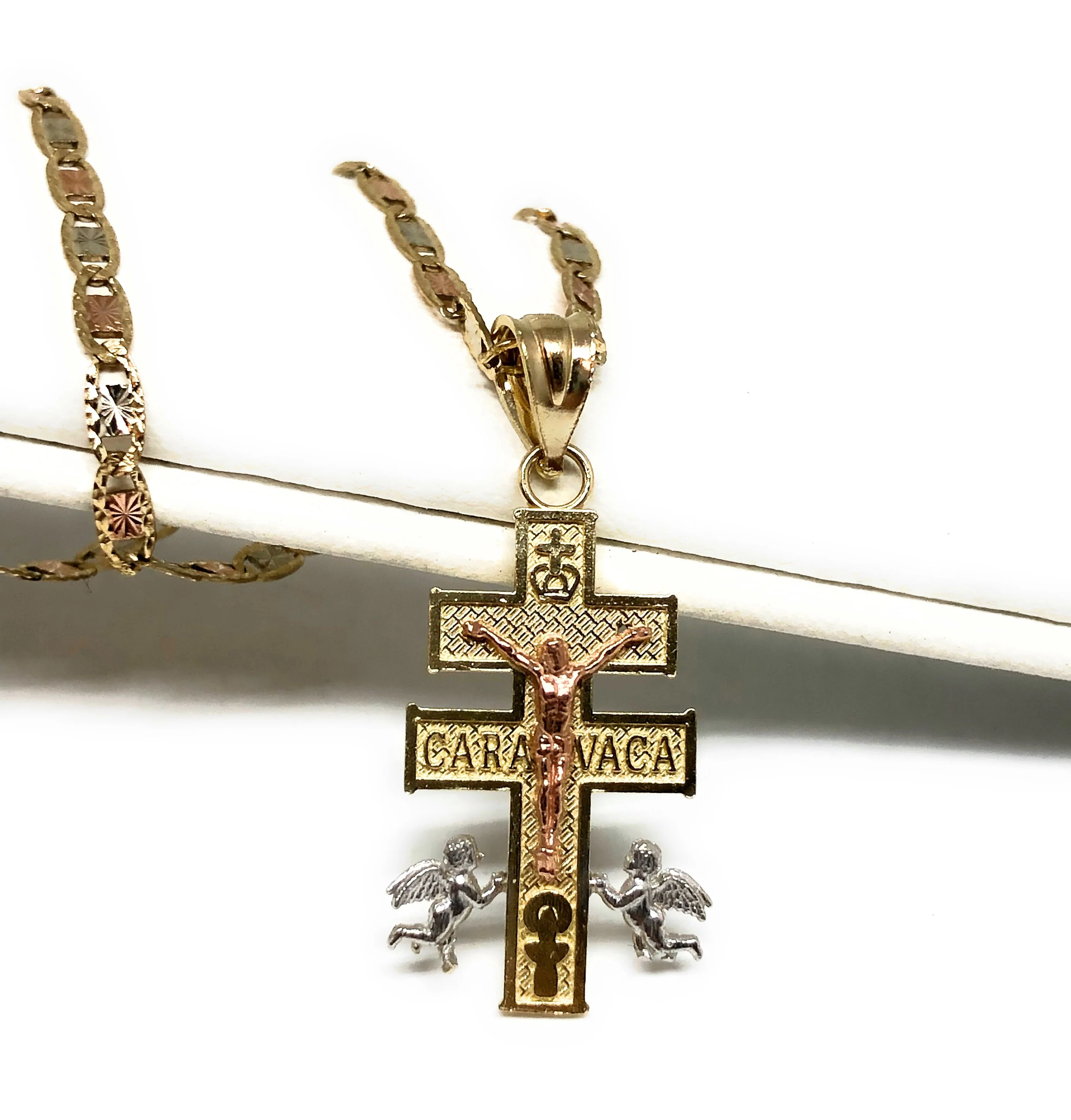 10k Solid Gold Tri-Color Jesus Caravaca Angel Crucifix Cross with Chain