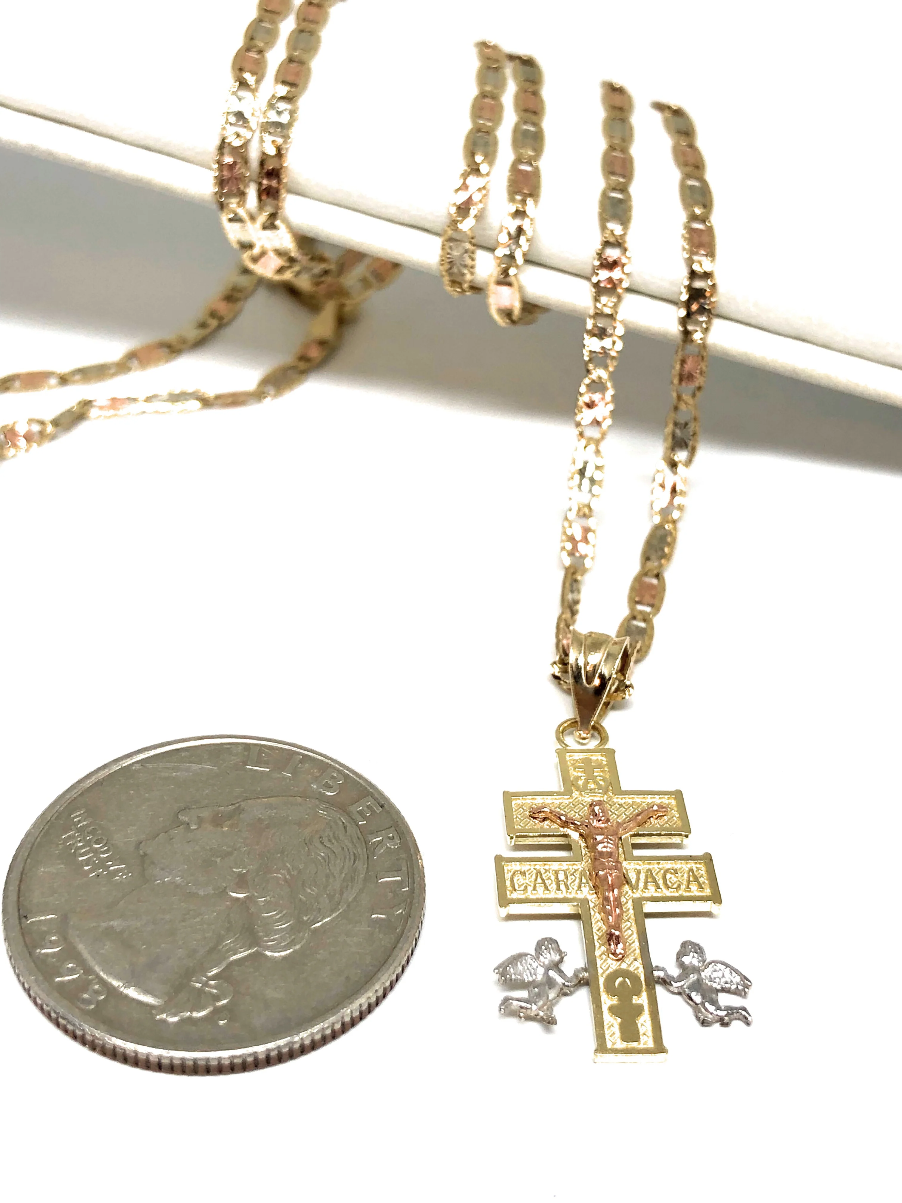 10k Solid Gold Tri-Color Jesus Caravaca Angel Crucifix Cross with Chain - Image 2