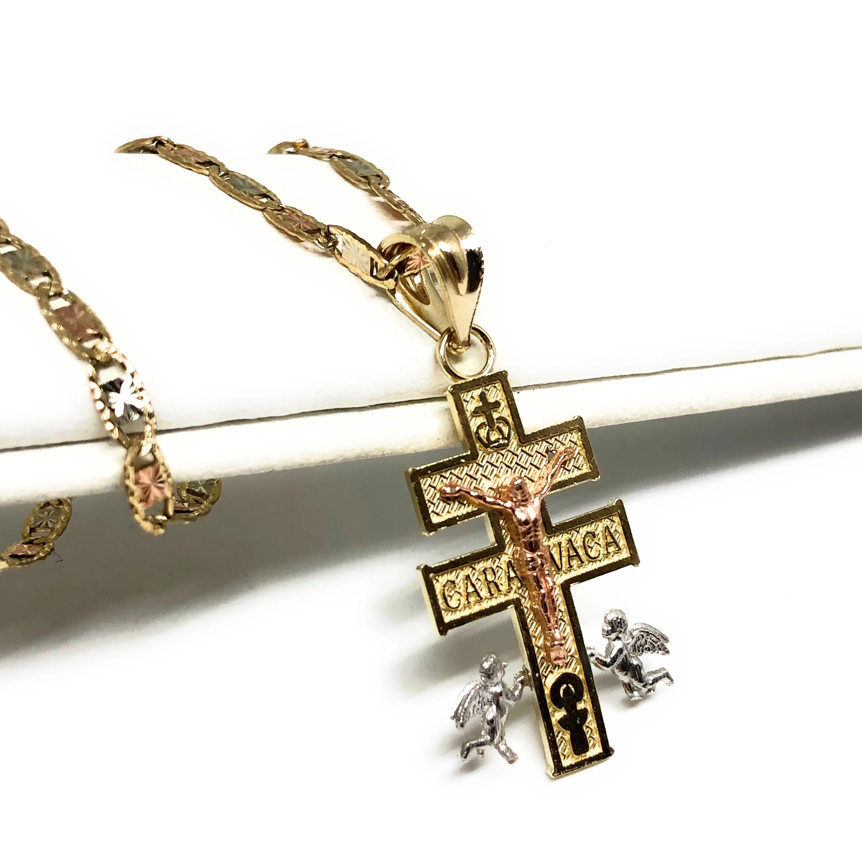 10k Solid Gold Tri-Color Jesus Caravaca Angel Crucifix Cross with Chain - Image 4