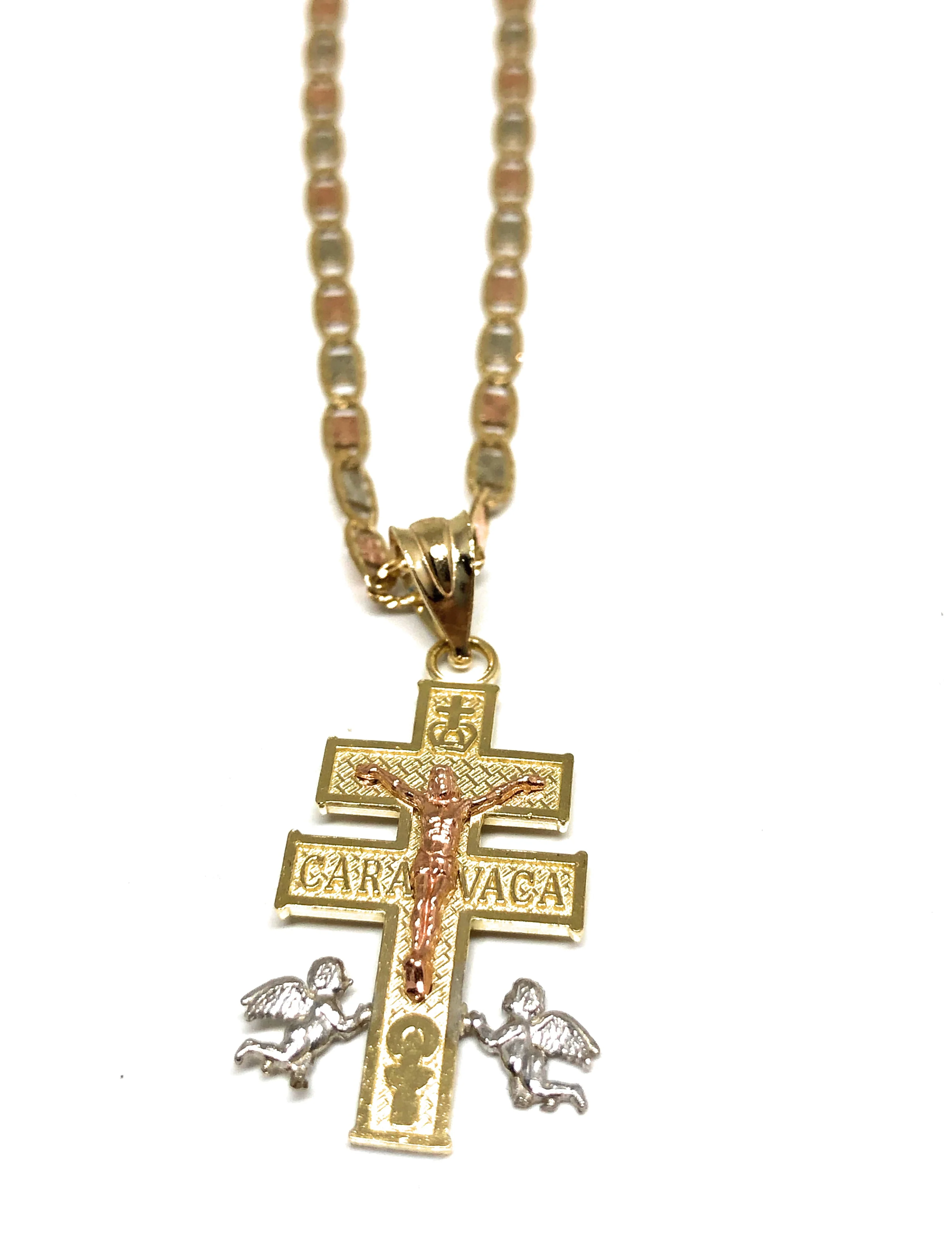 10k Solid Gold Tri-Color Jesus Caravaca Angel Crucifix Cross with Chain - Image 5