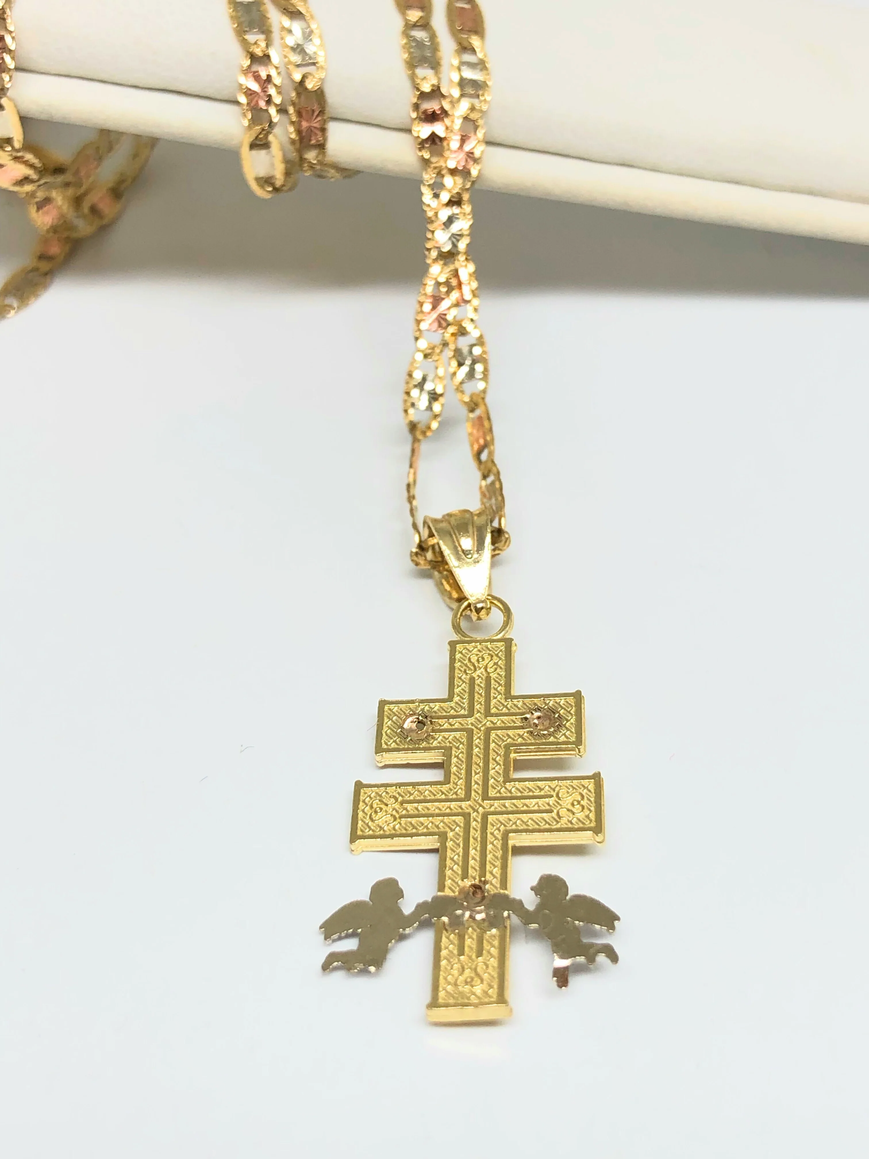 10k Solid Gold Tri-Color Jesus Caravaca Angel Crucifix Cross with Chain - Image 6