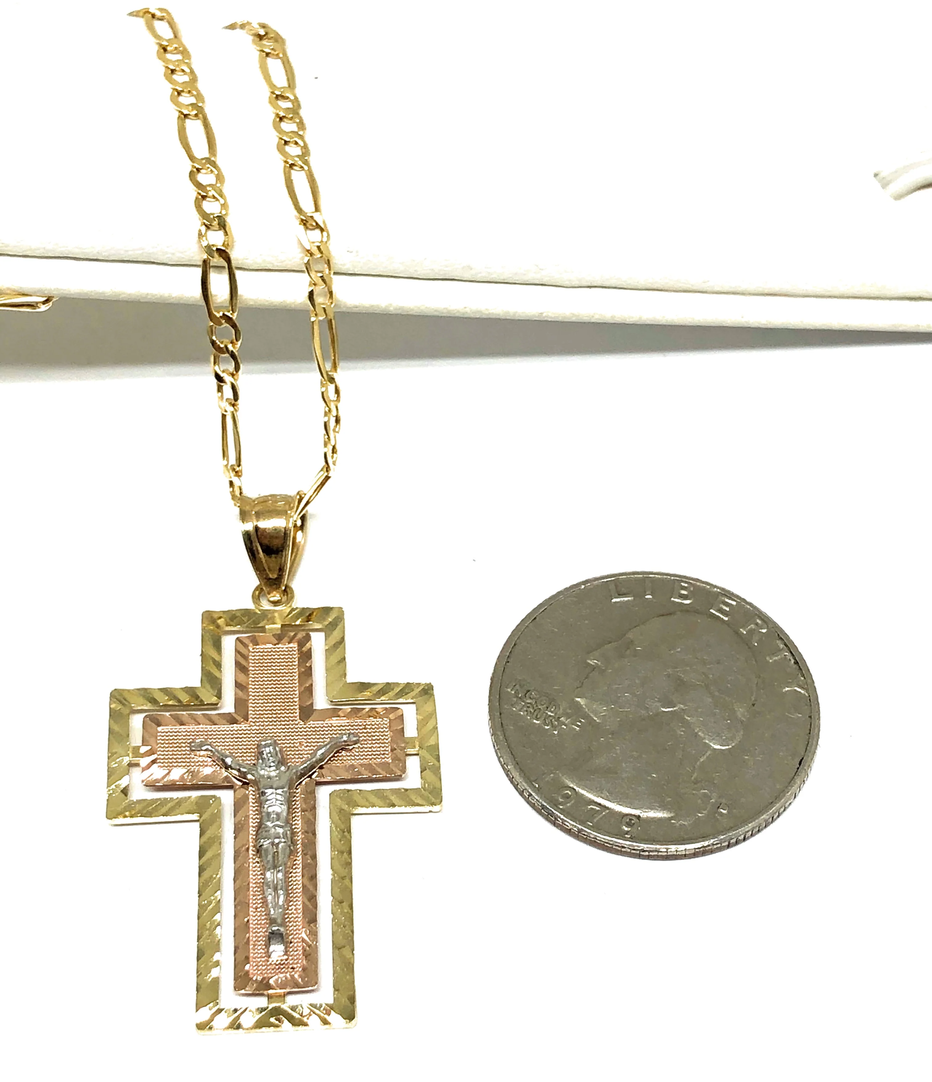 10k Solid Gold Tri-Color Jesus Cross Crucifix Pendant Necklace - Image 2