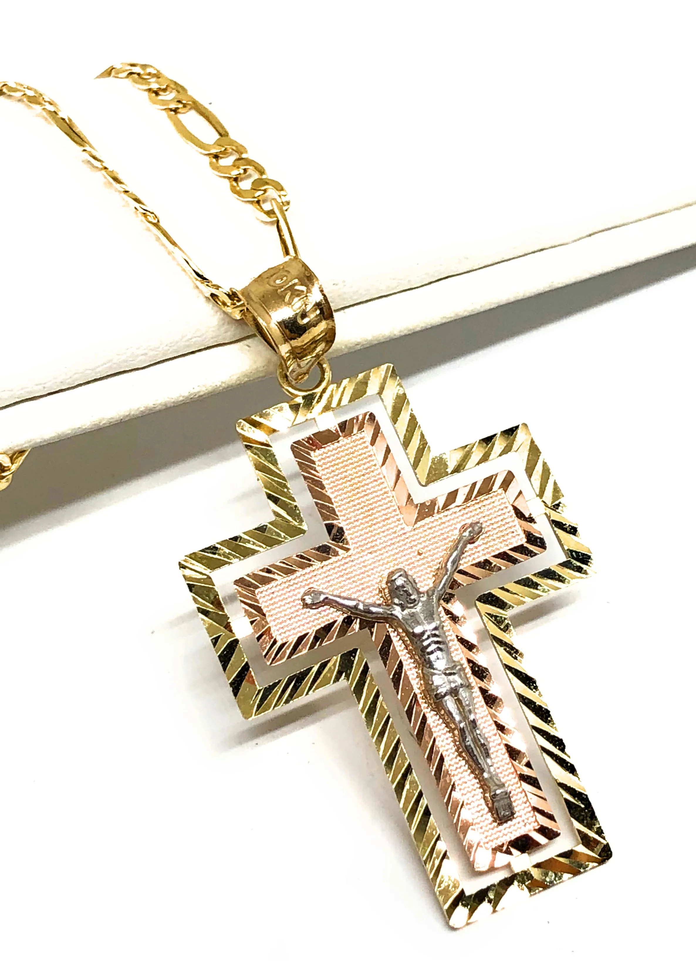 10k Solid Gold Tri-Color Jesus Cross Crucifix Pendant Necklace - Image 3