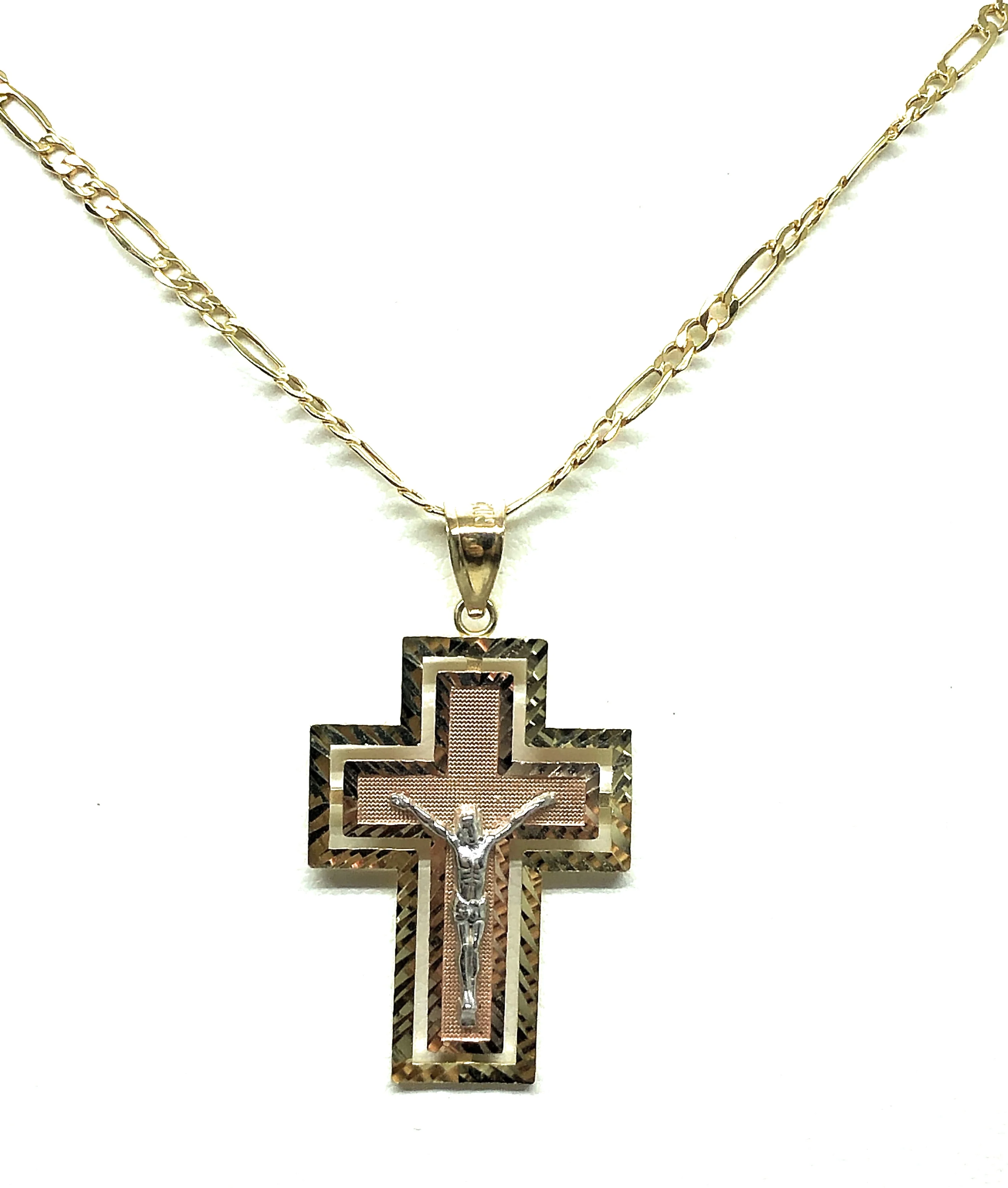 10k Solid Gold Tri-Color Jesus Cross Crucifix Pendant Necklace - Image 4