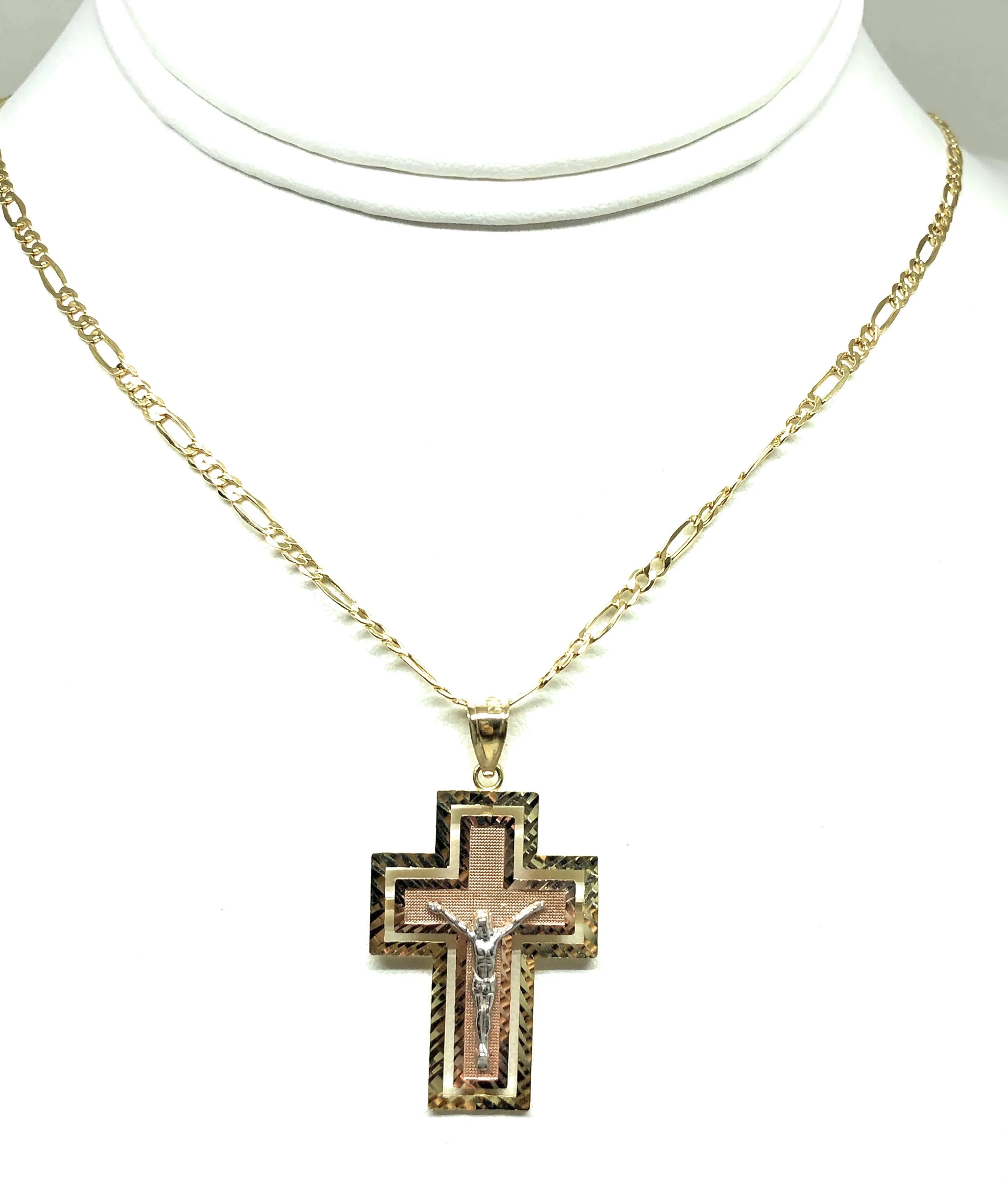 10k Solid Gold Tri-Color Jesus Cross Crucifix Pendant Necklace - Image 5