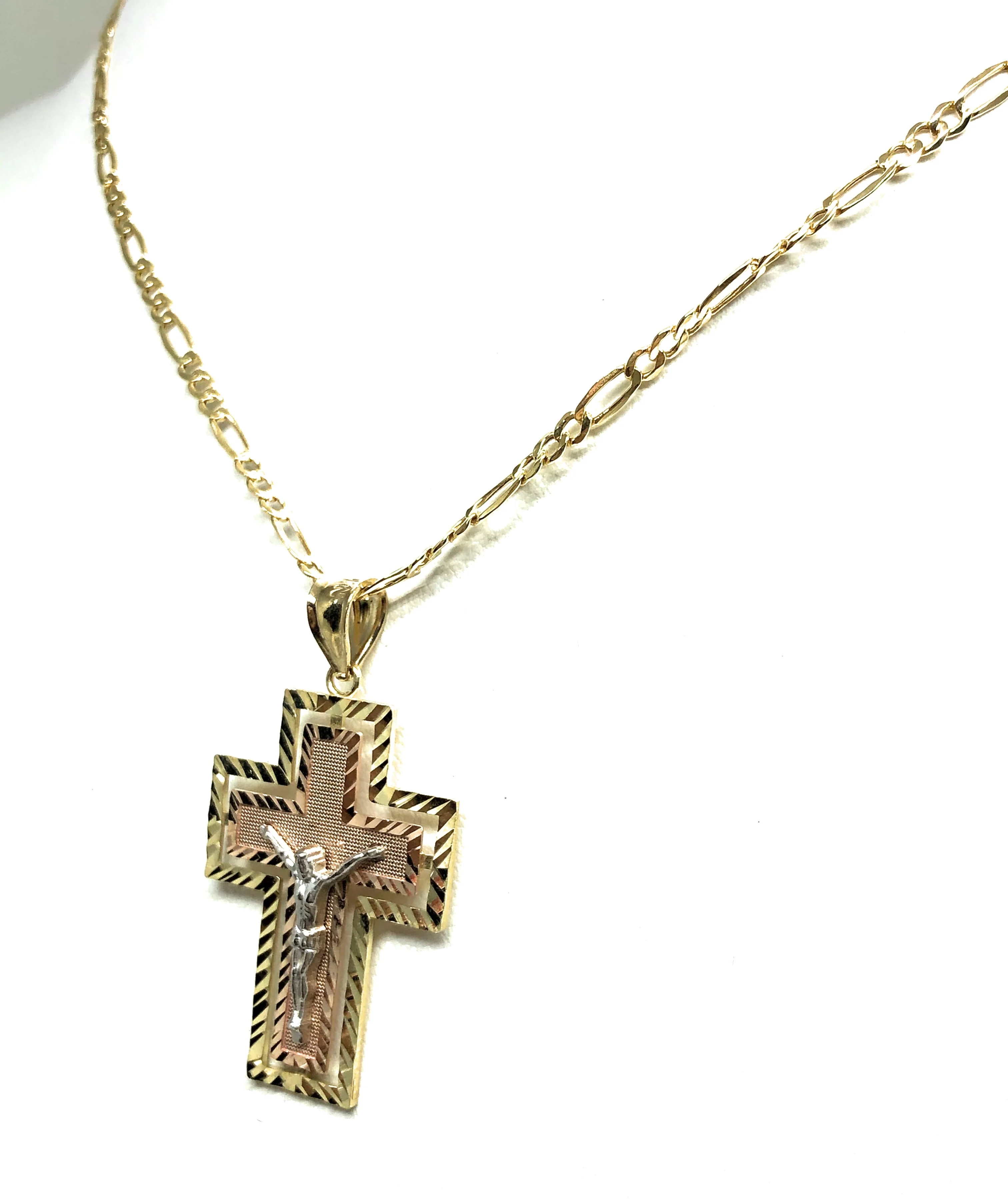 10k Solid Gold Tri-Color Jesus Cross Crucifix Pendant Necklace - Image 6