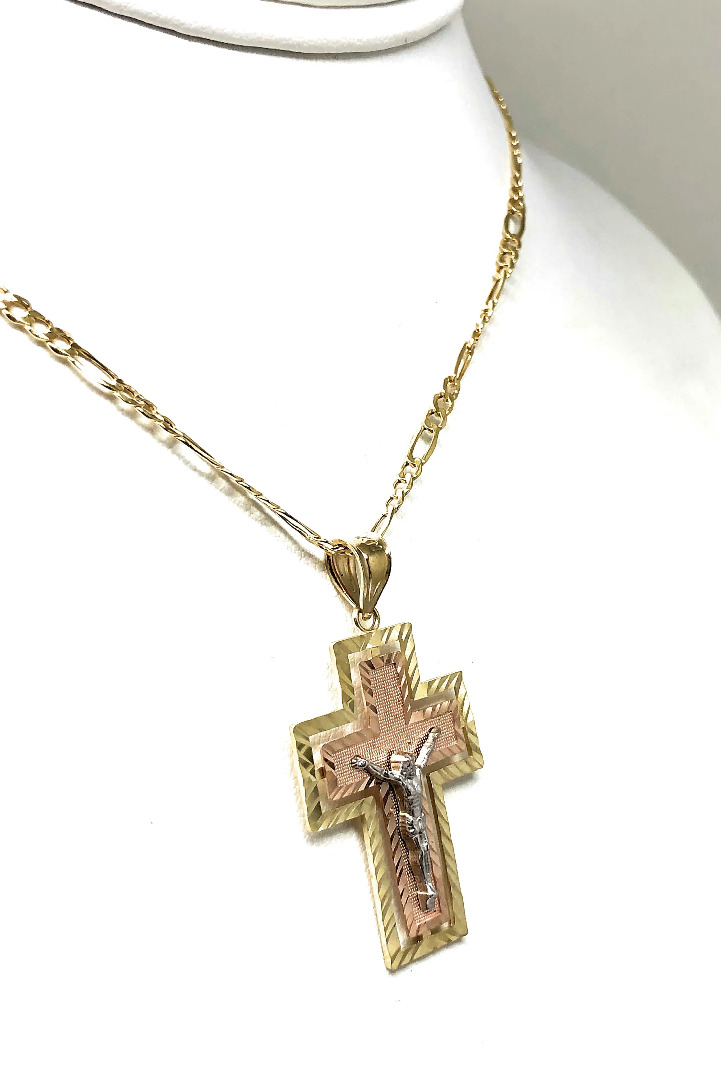 10k Solid Gold Tri-Color Jesus Cross Crucifix Pendant Necklace - Image 7