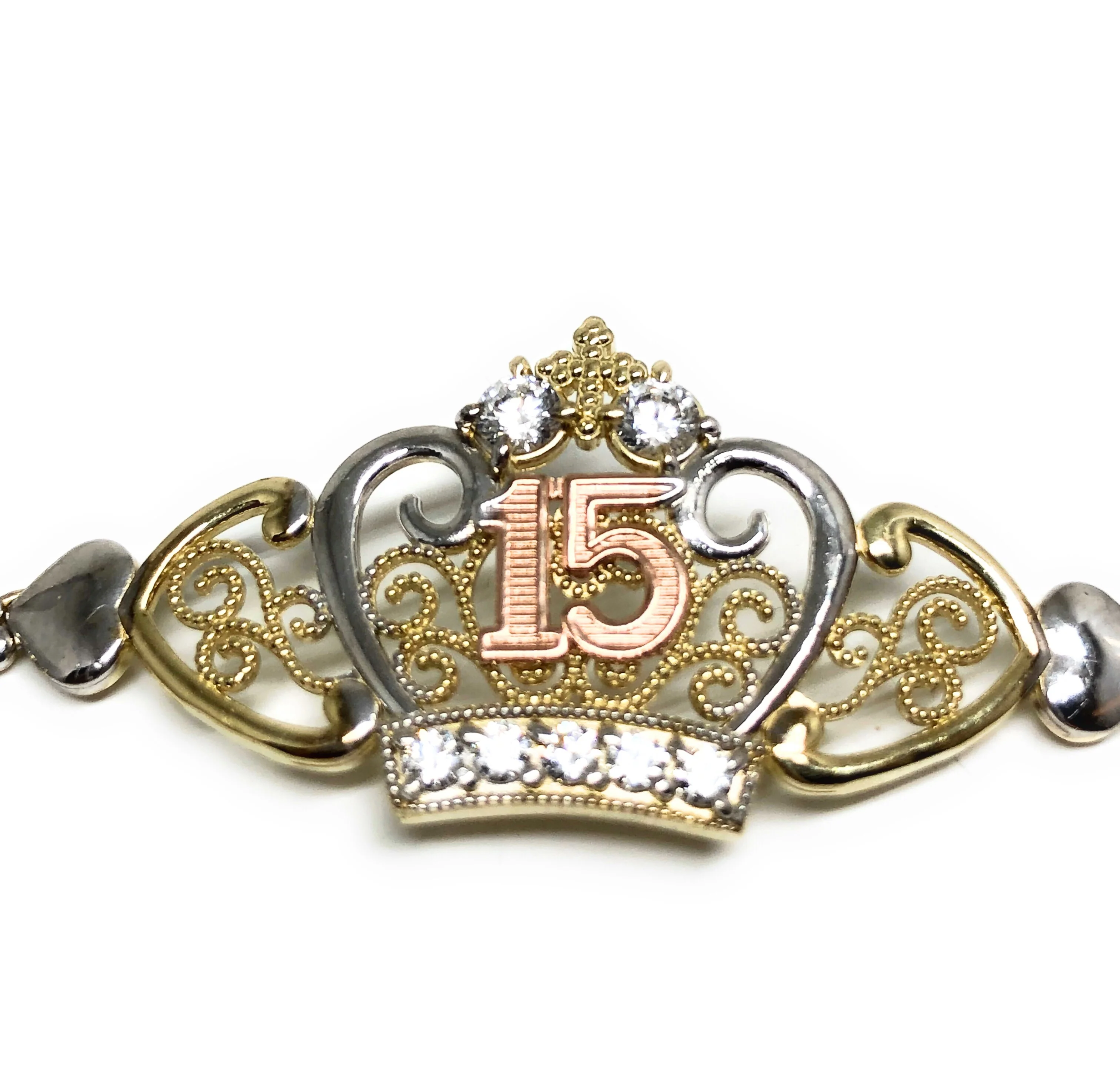 10k Solid Gold Tri-Color Mis 15 Años Crown Brracelet Cubic Zirconia 7.5" - Image 3