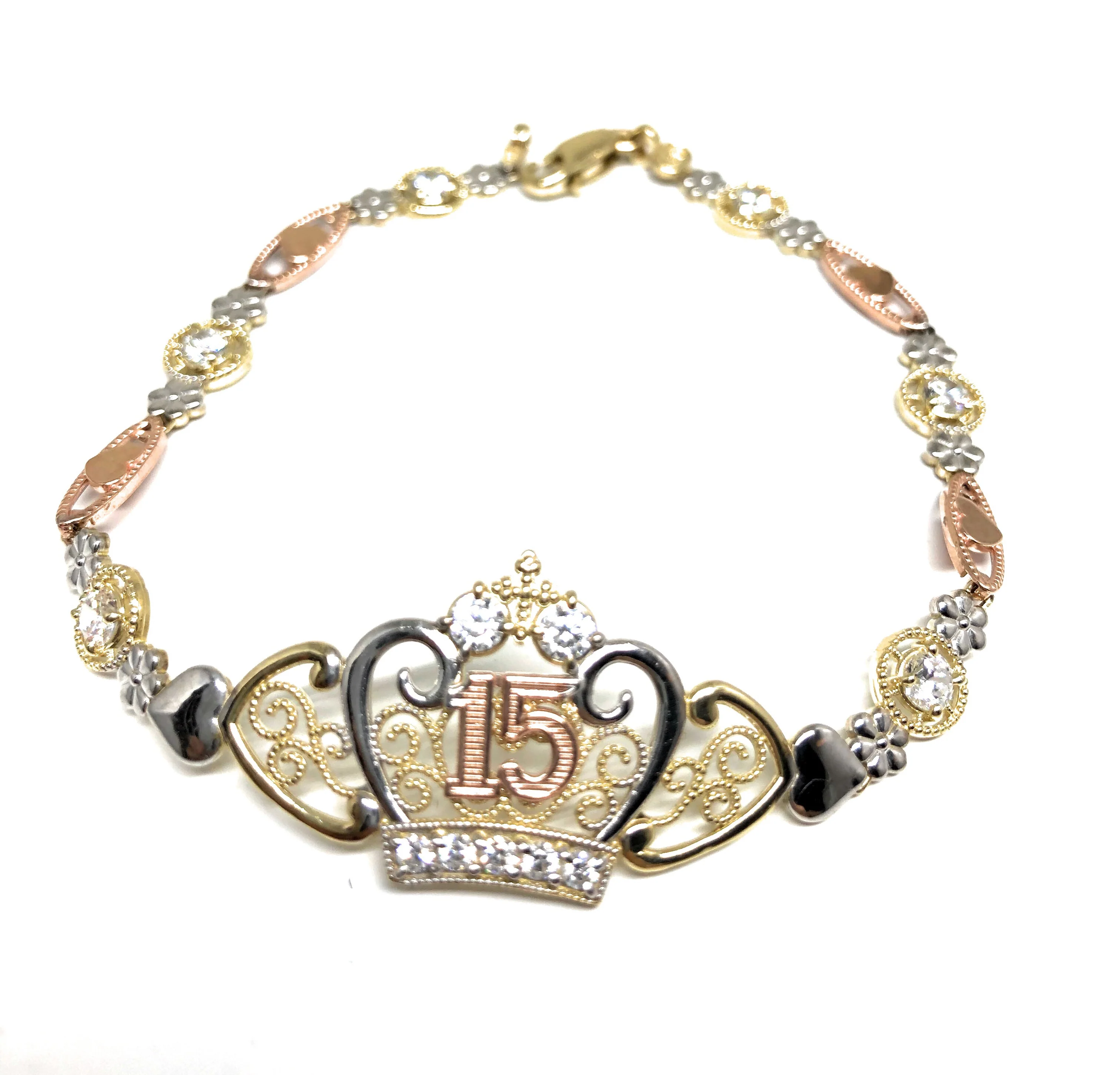 10k Solid Gold Tri-Color Mis 15 Años Crown Brracelet Cubic Zirconia 7.5" - Image 4