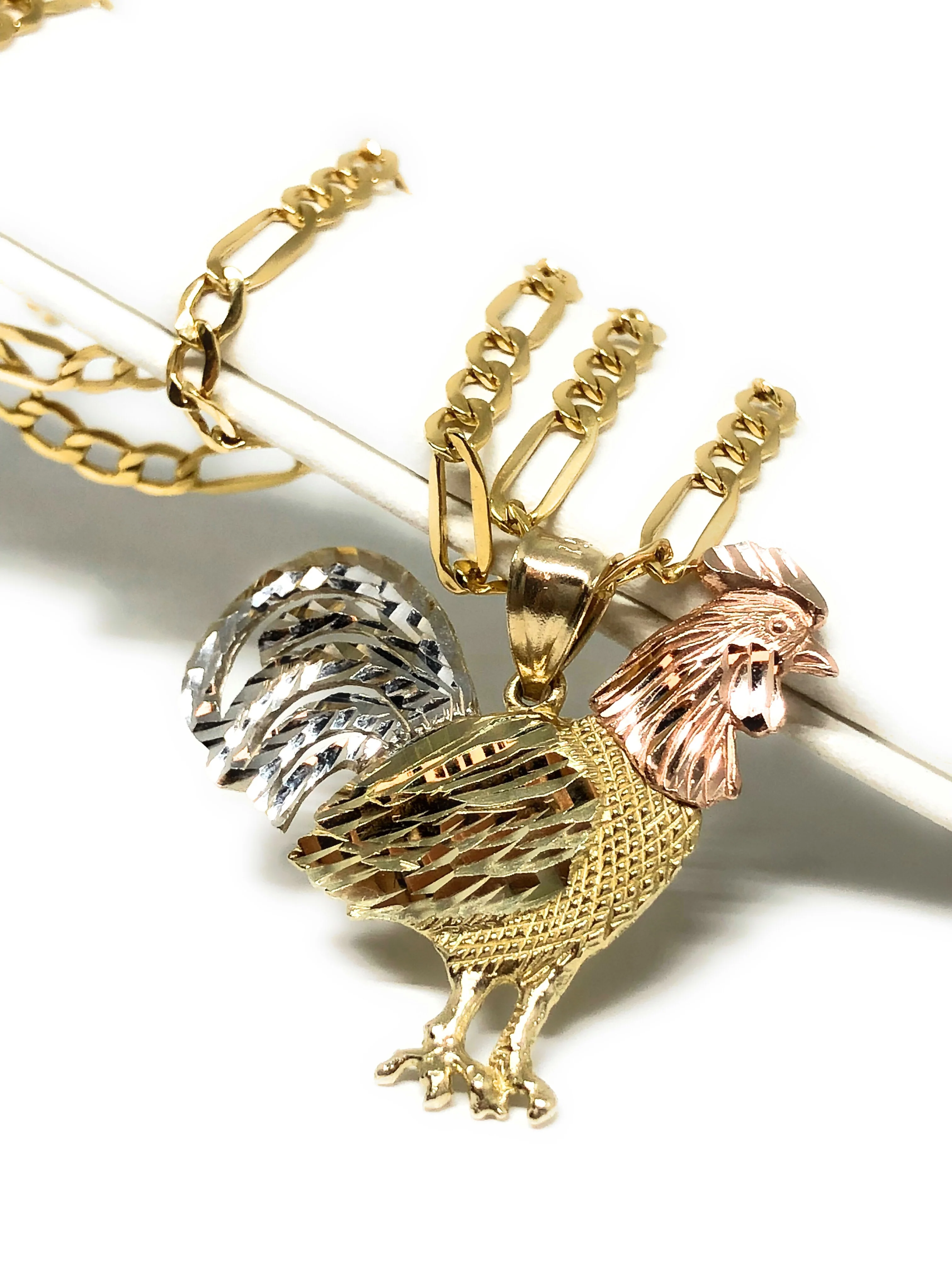 10k Solid Gold Tri-Color Rooster Pendant Necklace with 2.5mm Figaro Chain Optional - Image 2