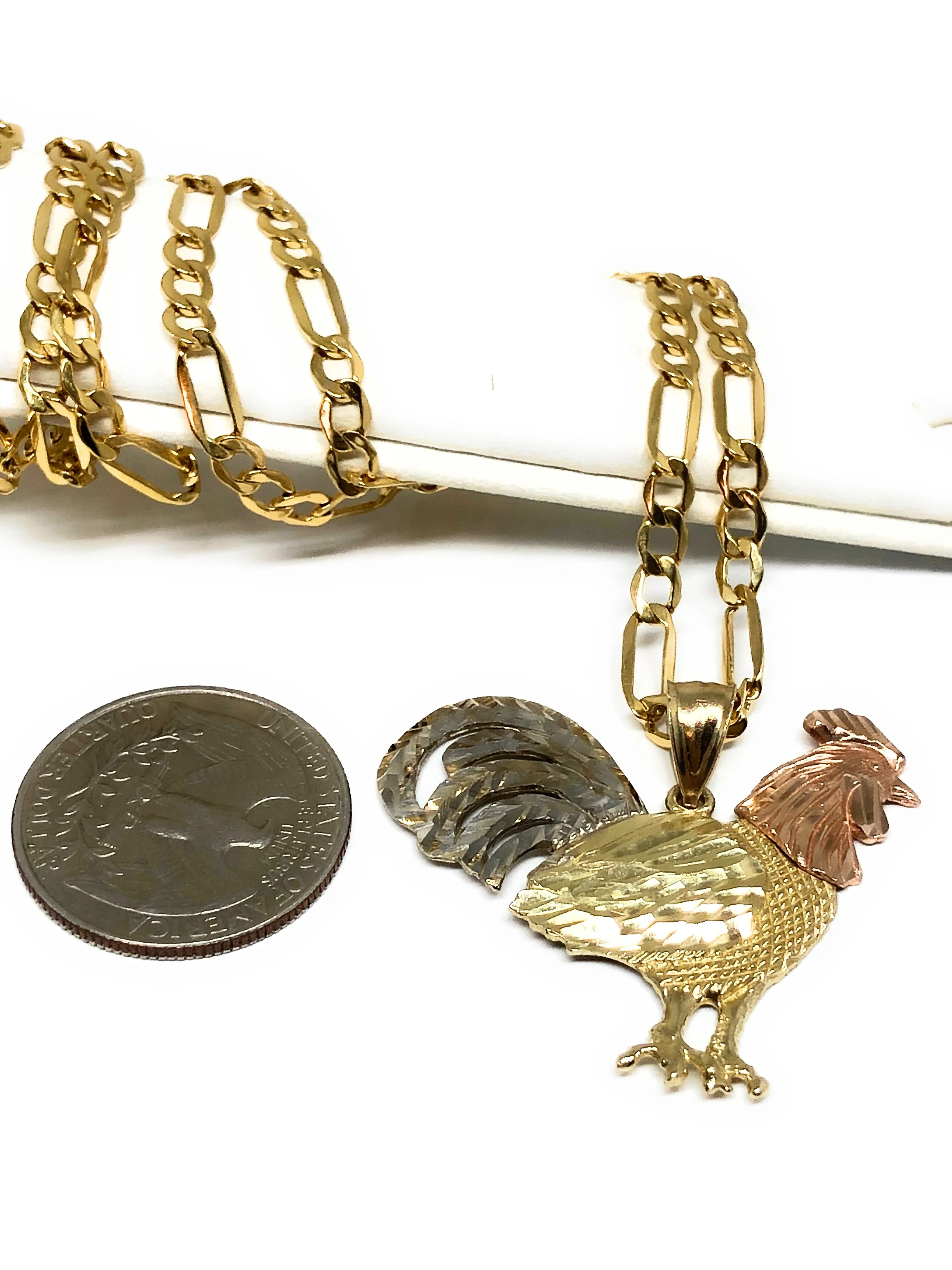 10k Solid Gold Tri-Color Rooster Pendant Necklace with 2.5mm Figaro Chain Optional - Image 3