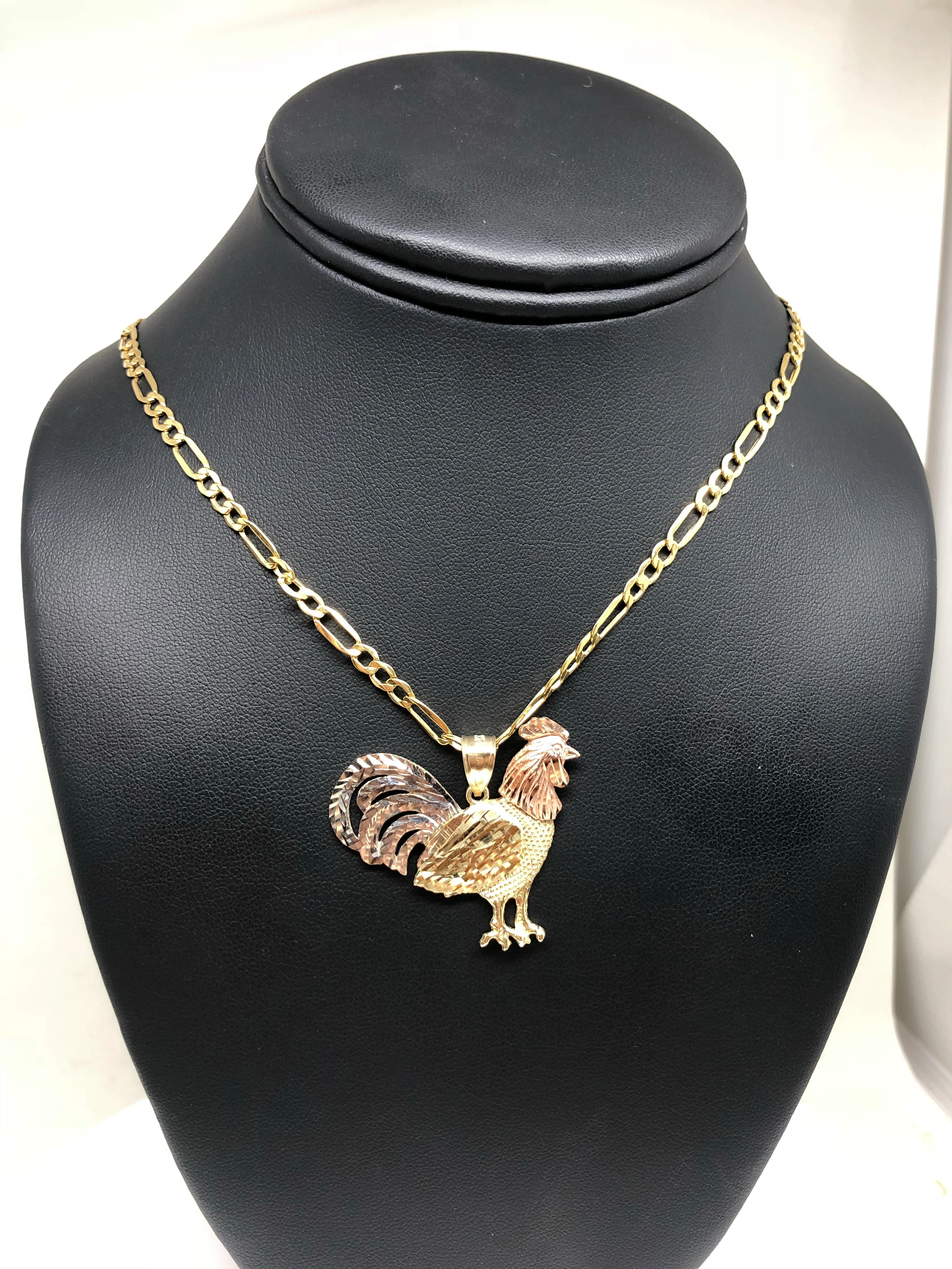 10k Solid Gold Tri-Color Rooster Pendant Necklace with 2.5mm Figaro Chain Optional - Image 4