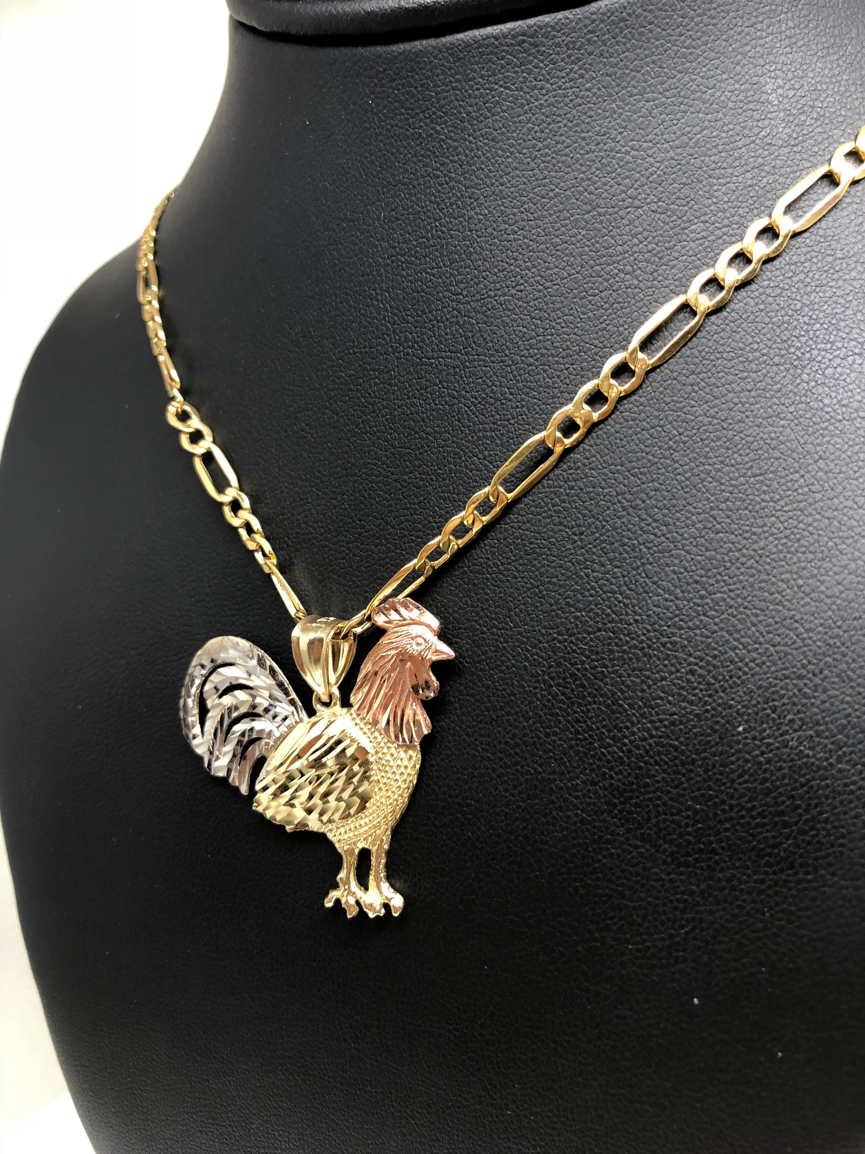 10k Solid Gold Tri-Color Rooster Pendant Necklace with 2.5mm Figaro Chain Optional - Image 5