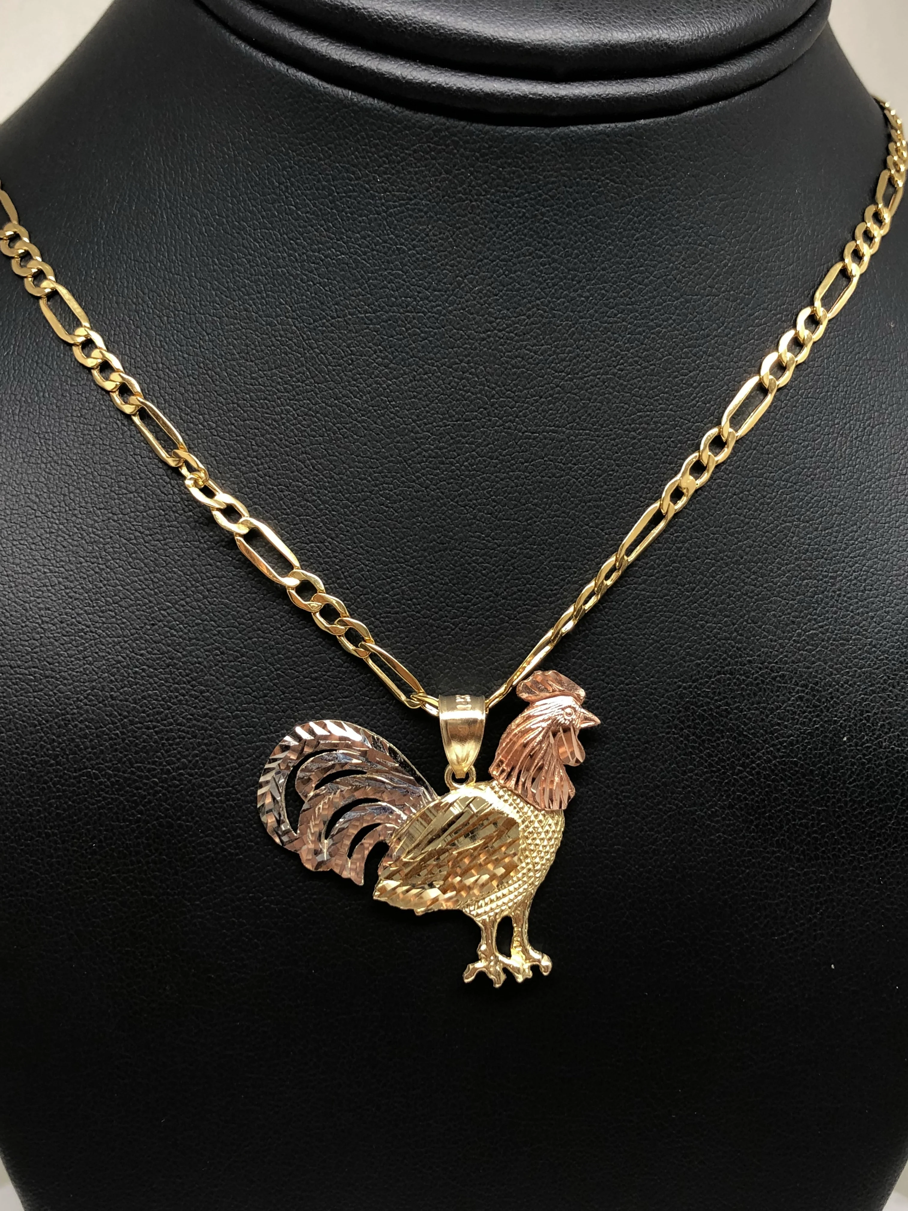 10k Solid Gold Tri-Color Rooster Pendant Necklace with 2.5mm Figaro Chain Optional - Image 6
