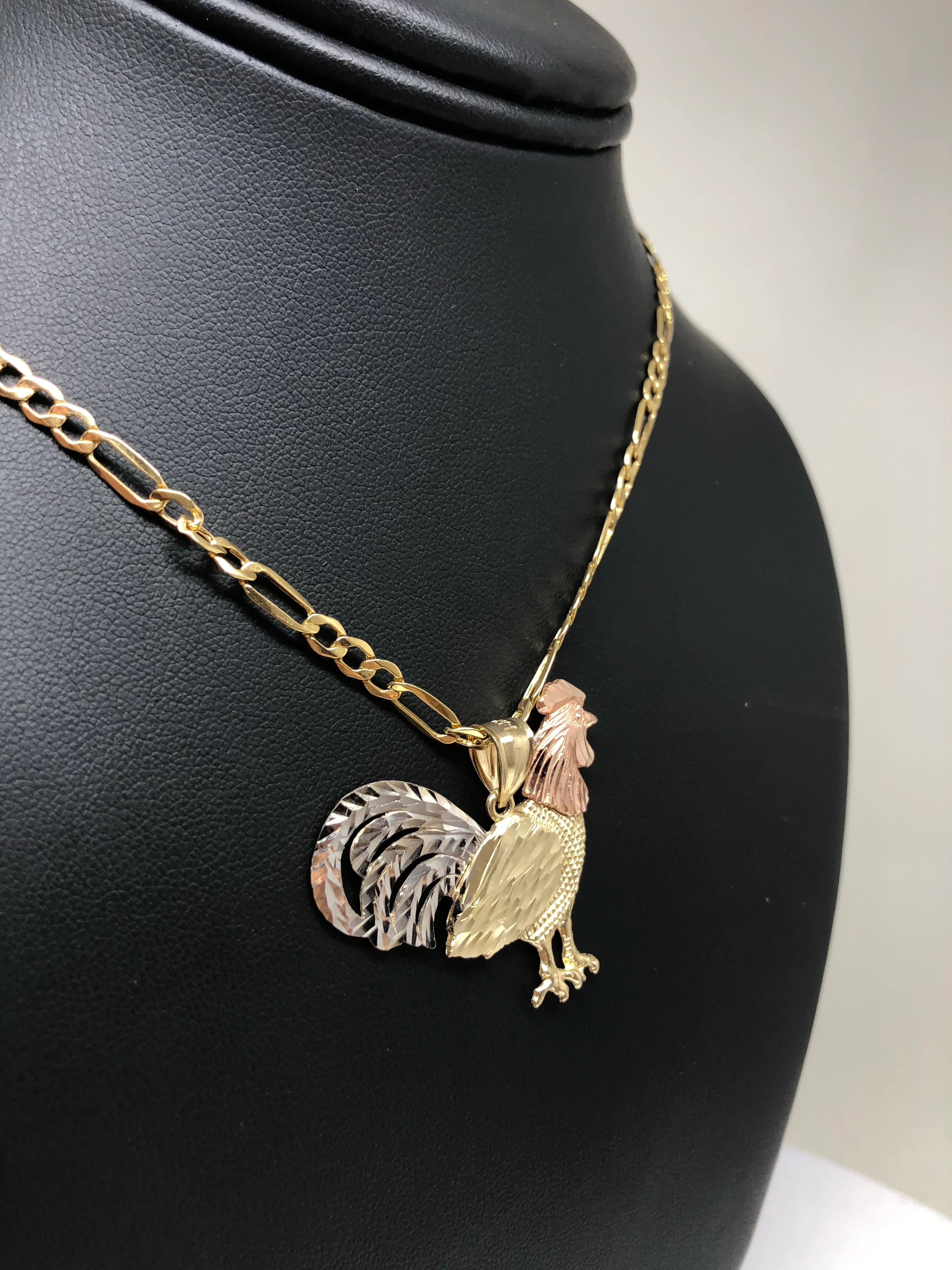 10k Solid Gold Tri-Color Rooster Pendant Necklace with 2.5mm Figaro Chain Optional - Image 7