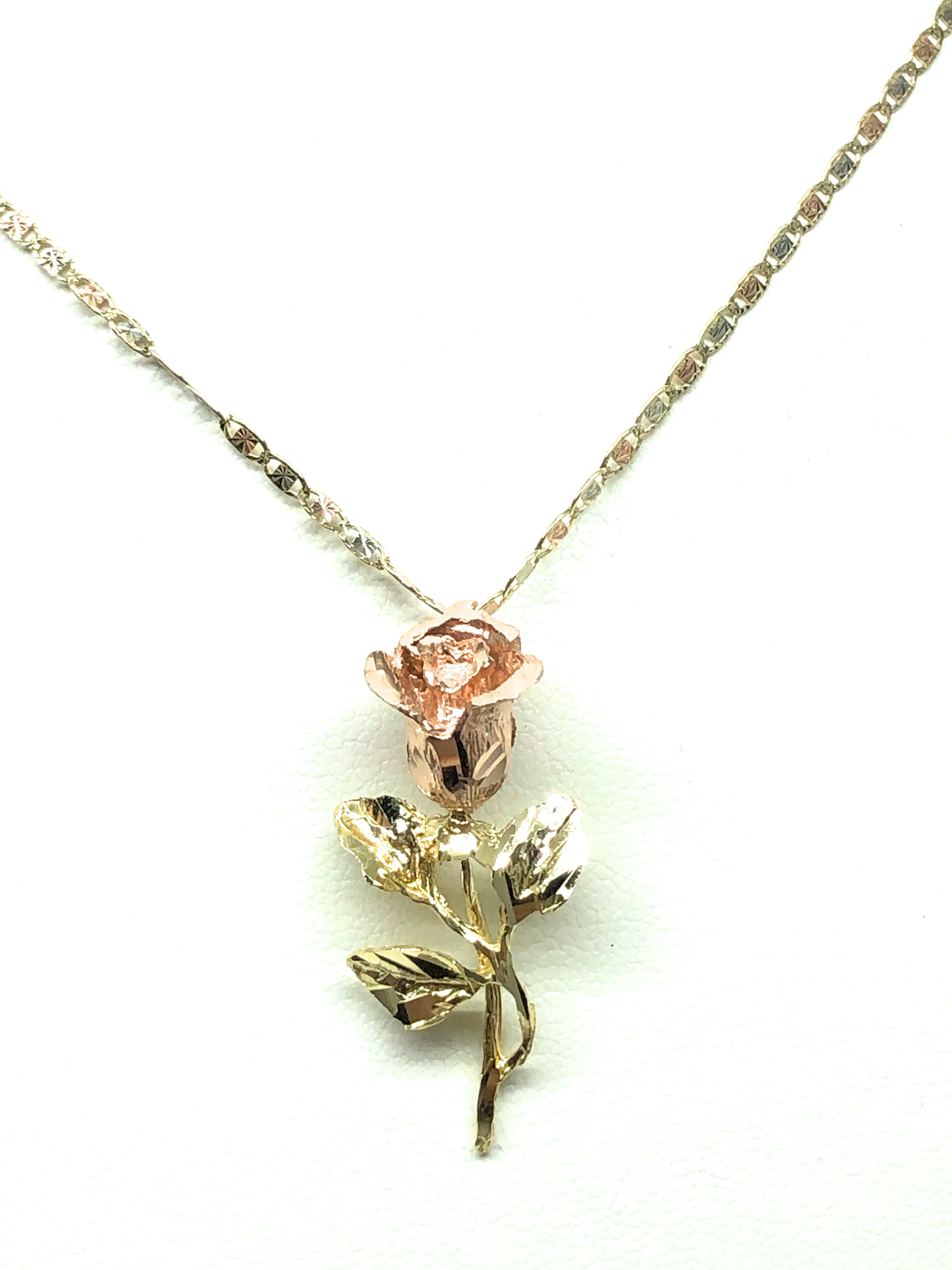 10k Solid Gold Tri-Color Big Rose Flower Pendant Necklace Valentina Chain - Image 4