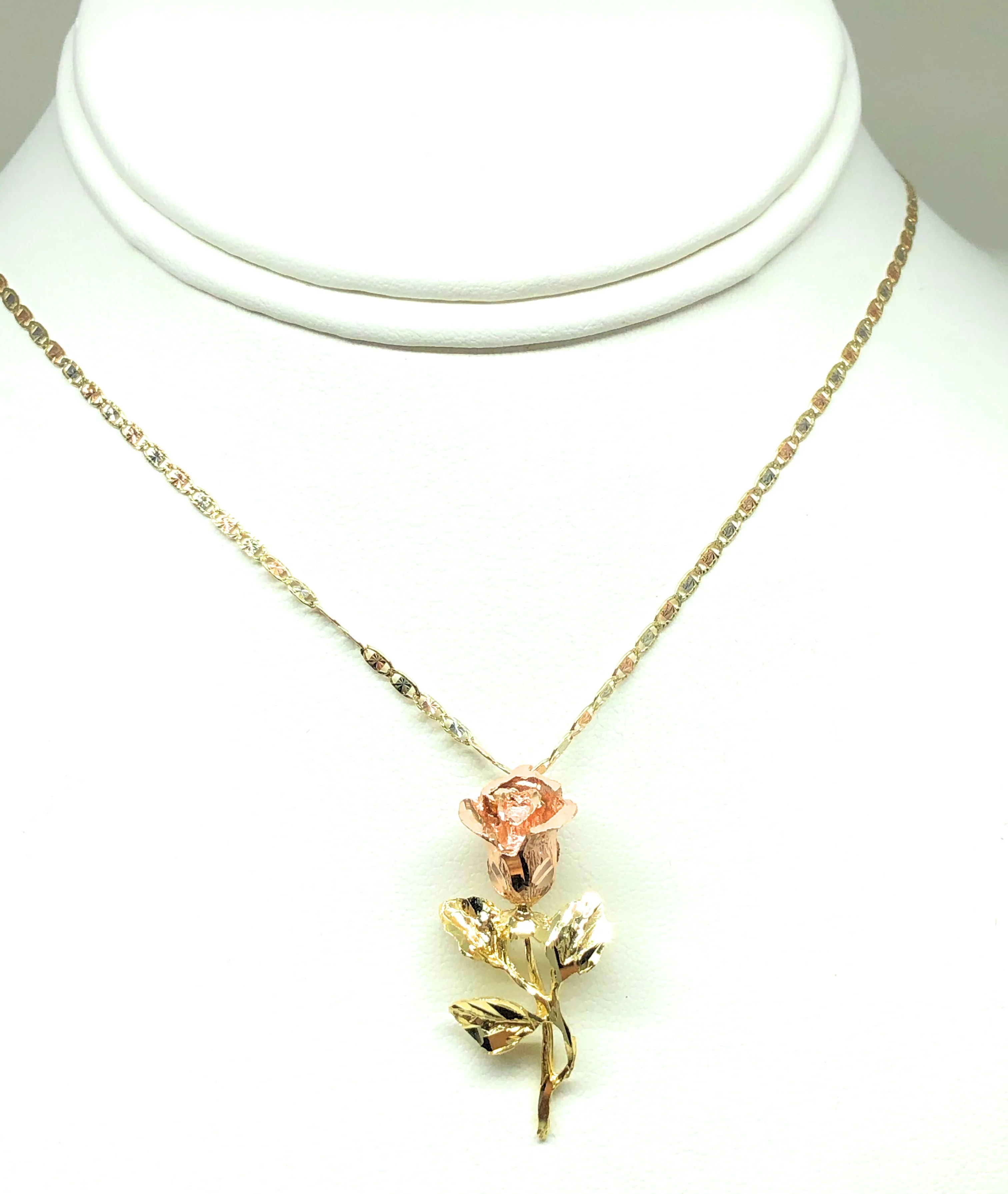 10k Solid Gold Tri-Color Big Rose Flower Pendant Necklace Valentina Chain - Image 5