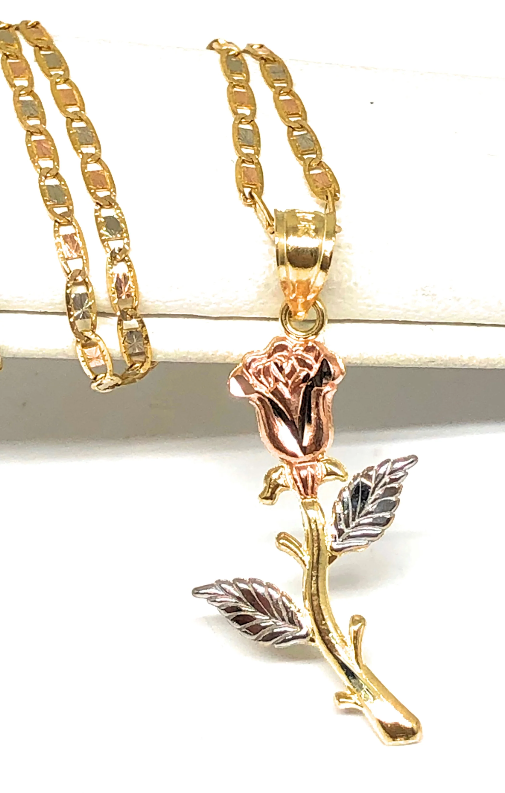 10k Solid Gold Tri-Color Rose Flower Pendant Necklace Valentina Chain