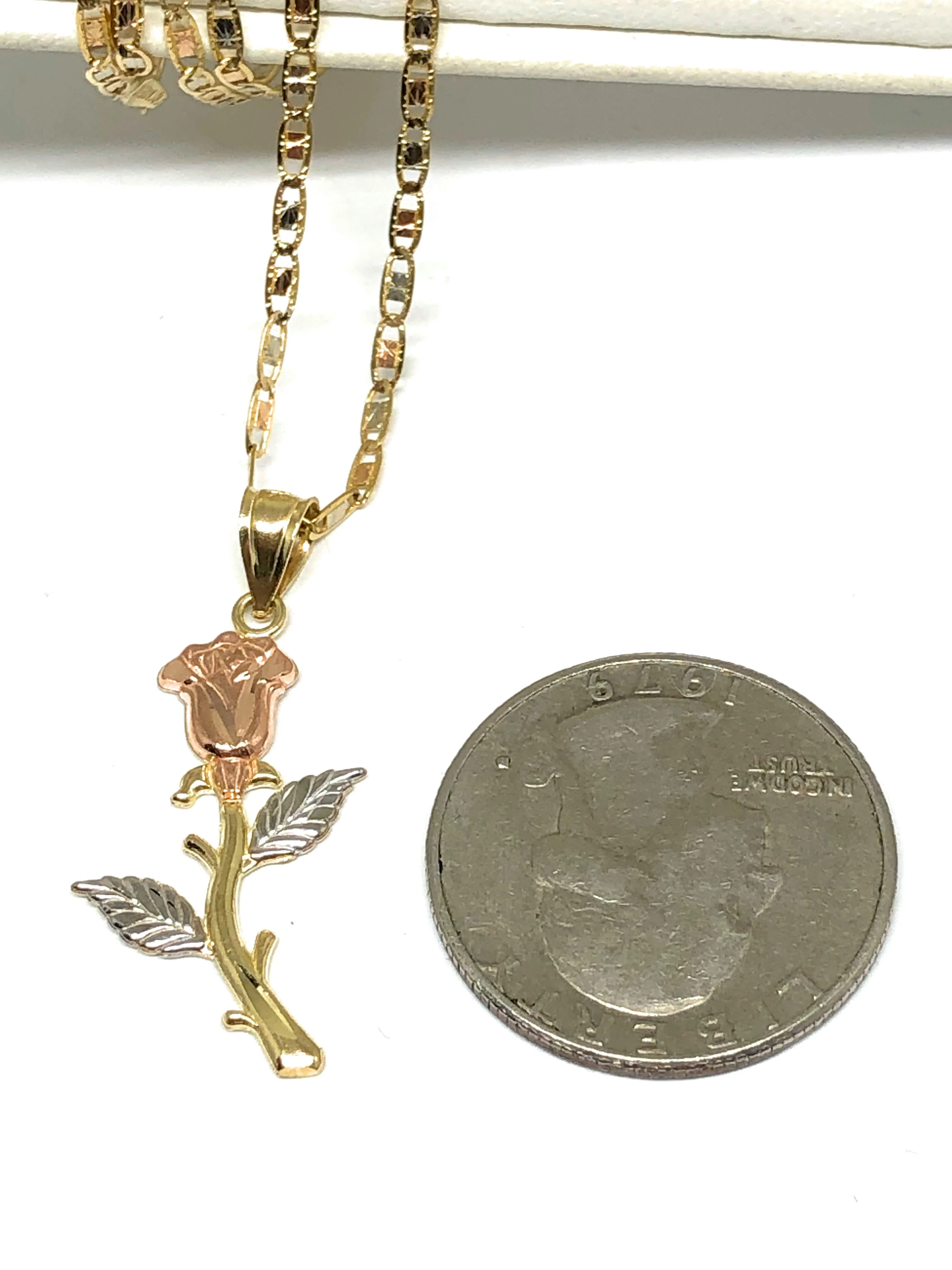 10k Solid Gold Tri-Color Rose Flower Pendant Necklace Valentina Chain - Image 2