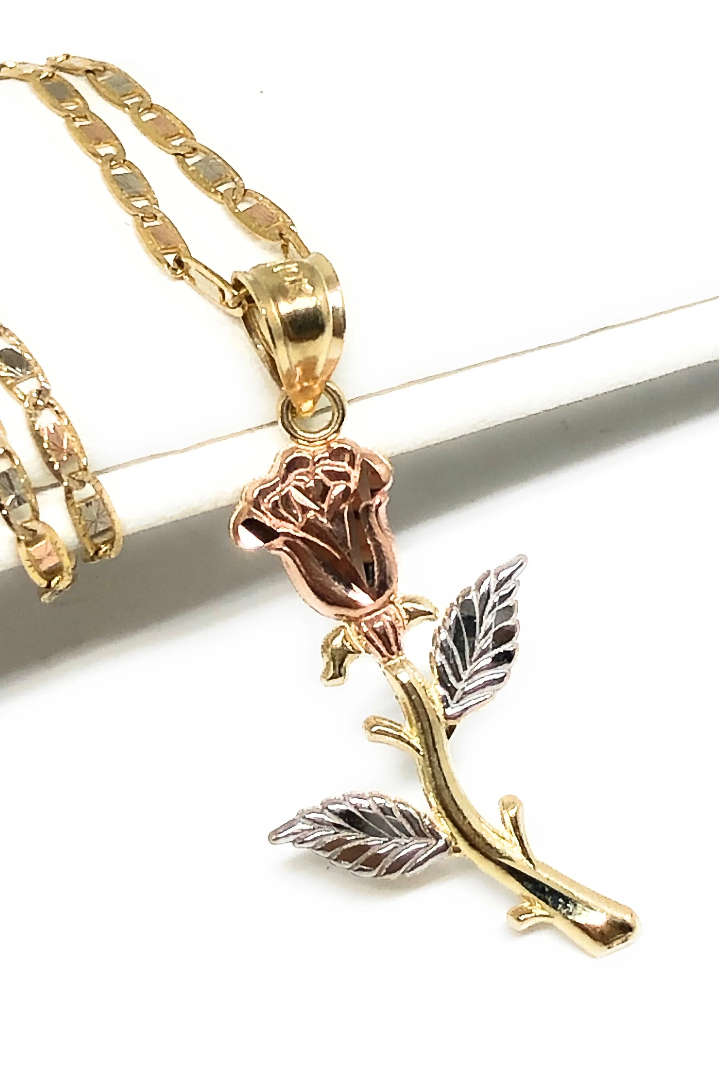 10k Solid Gold Tri-Color Rose Flower Pendant Necklace Valentina Chain - Image 3